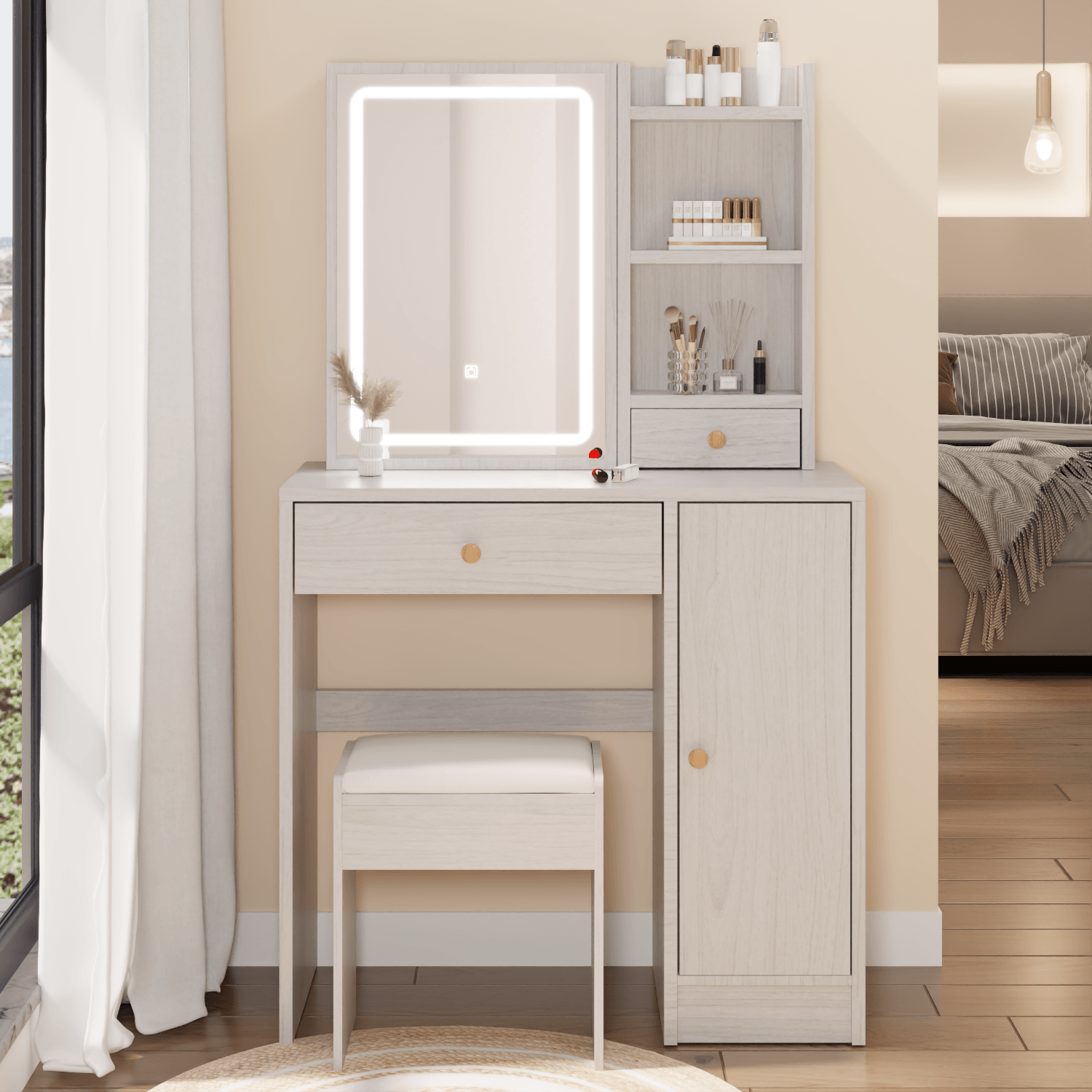 🆓🚛 Right Cabinet Desktop Vanity Table + Cushioned Stool, Extra Large Sliding Led Mirror, Touch Control, 3 Color, Brightness Adjustable, Large Desktop, Right Cabinet, High Capacity Multi-Layer Storage