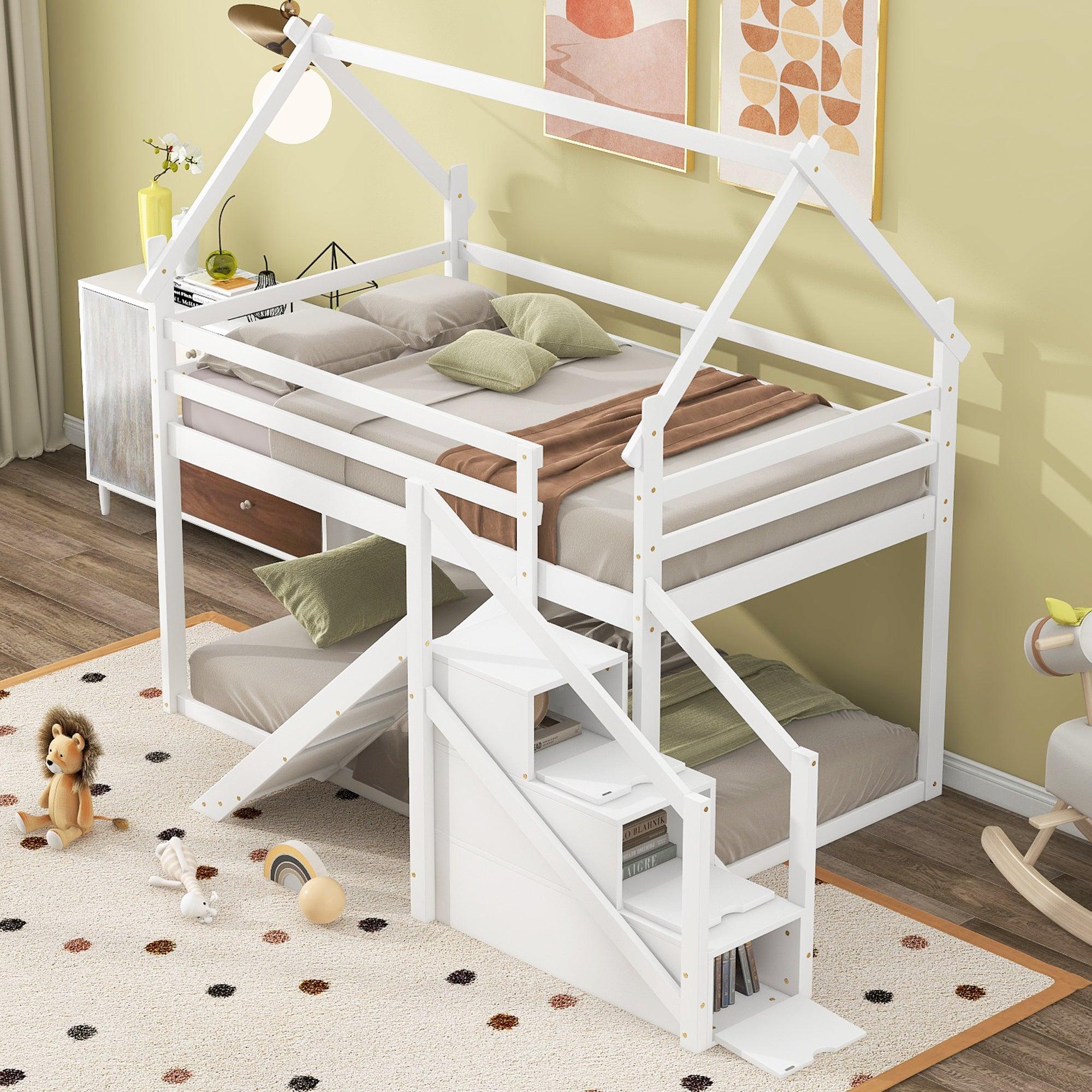 🆓🚛 Twin Over Twin House Loft Or Bunk Bed With Slide & Staircase, White