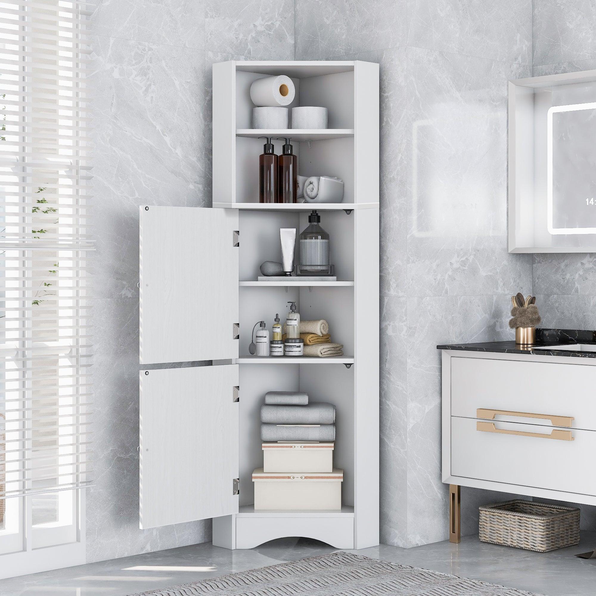 🆓🚛 Tall Bathroom Corner Cabinet, Freestanding Storage Cabinet With Doors & Adjustable Shelves, White