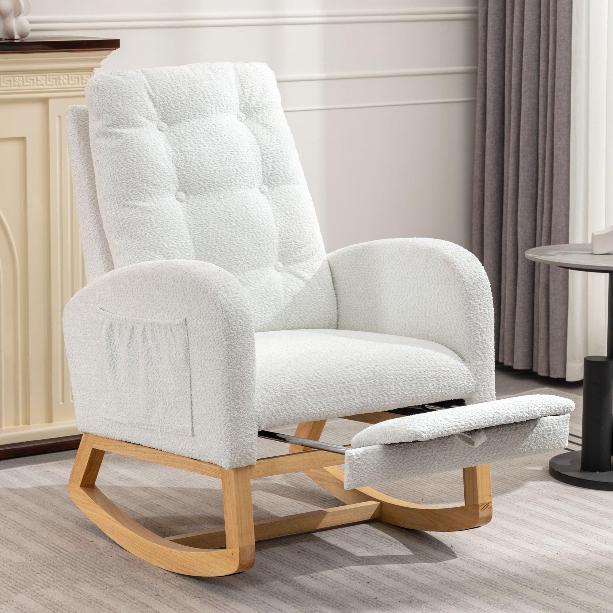 🆓🚛 Accent Rocking Chair With Footrest High Back Rubber Wood Rocking Legs, White