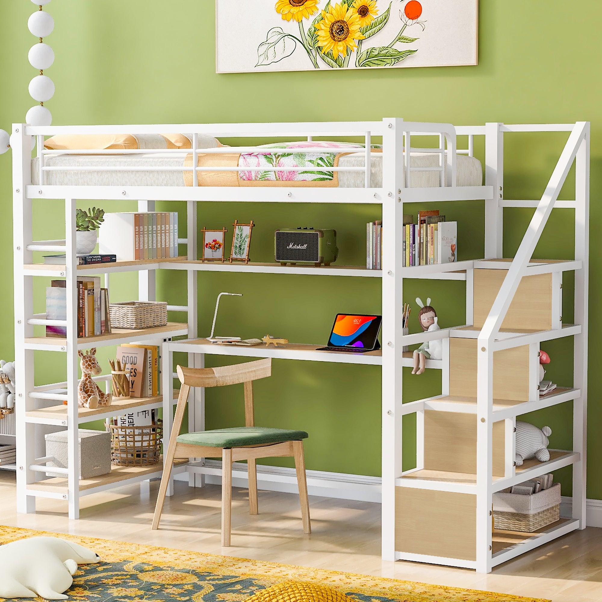 🆓🚛 Twin Size Metal Loft Bed With Staircase, Built-in Desk & Storage Shelves, White