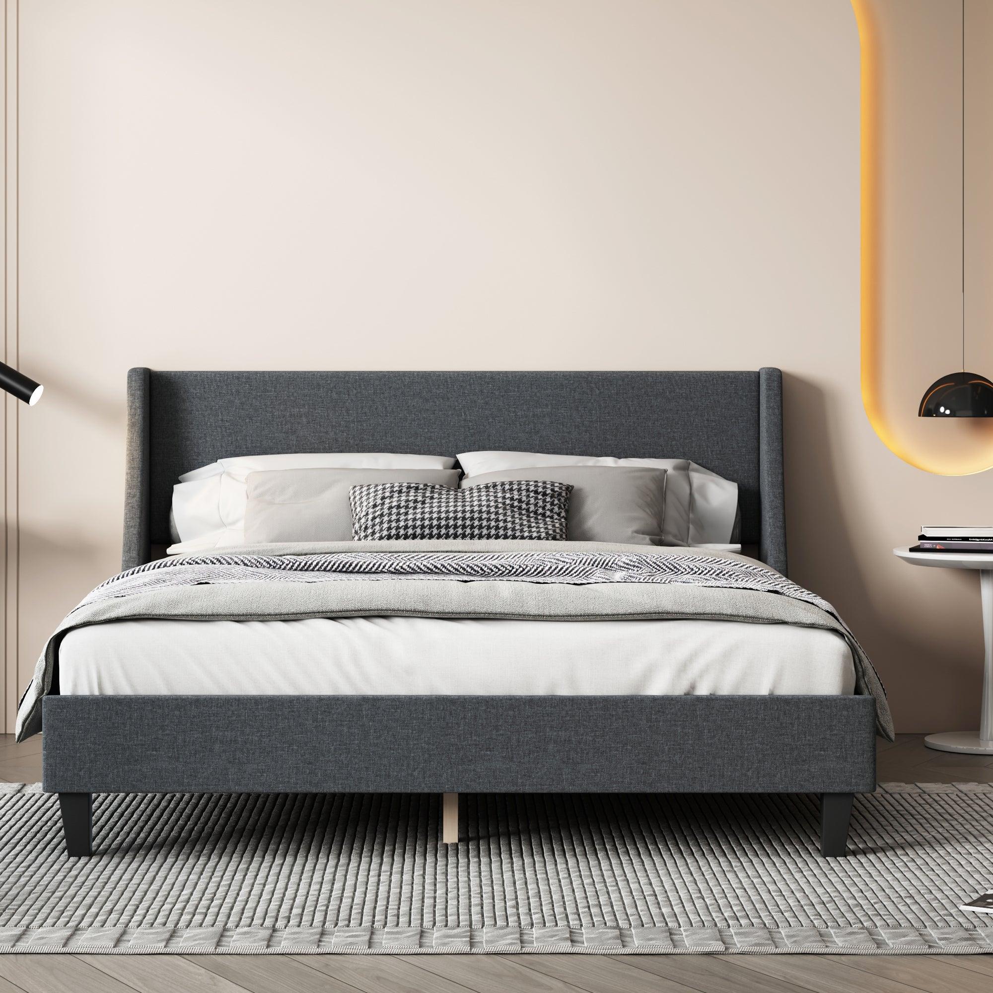 🆓🚛 Queen Size Bed Frame Upholstered Bed Frame Platform With Adjustable Headboard Linen Fabric Headboard Wooden Slats Support, Dark Gray