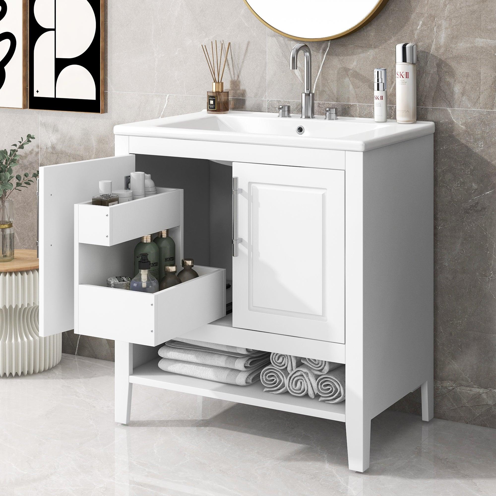 🆓🚛 30" Bathroom Vanity With Sink, Multi-Functional Bathroom Cabinet With Doors & Drawers, Solid Frame & Mdf Board, White