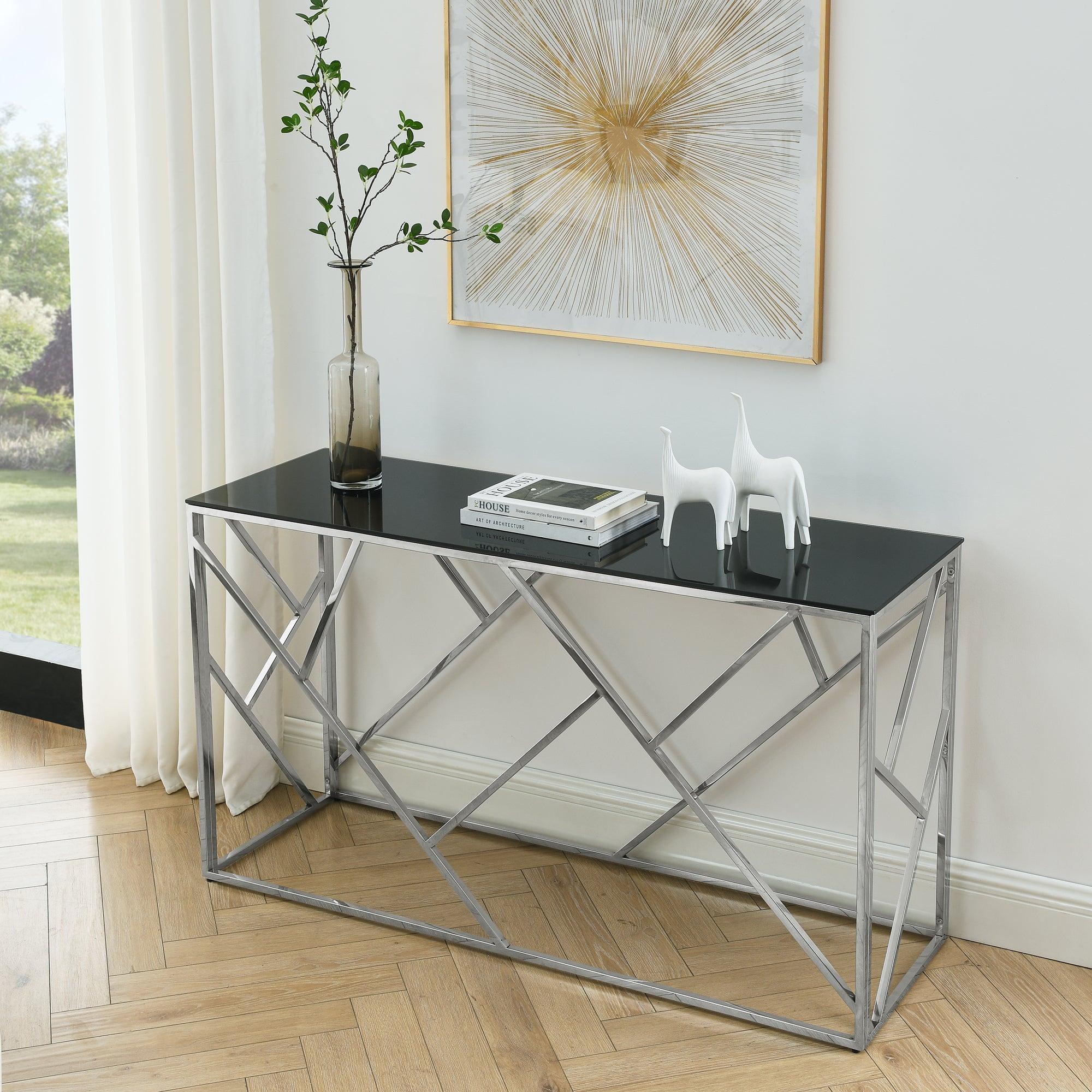 🆓🚛 Modern Glass Console Table, 55" Gold Sofa Table With Sturdy Metal Frame & Black Tempered Glass Top, for Living Room Entryway Bedroom, Chrome Finish