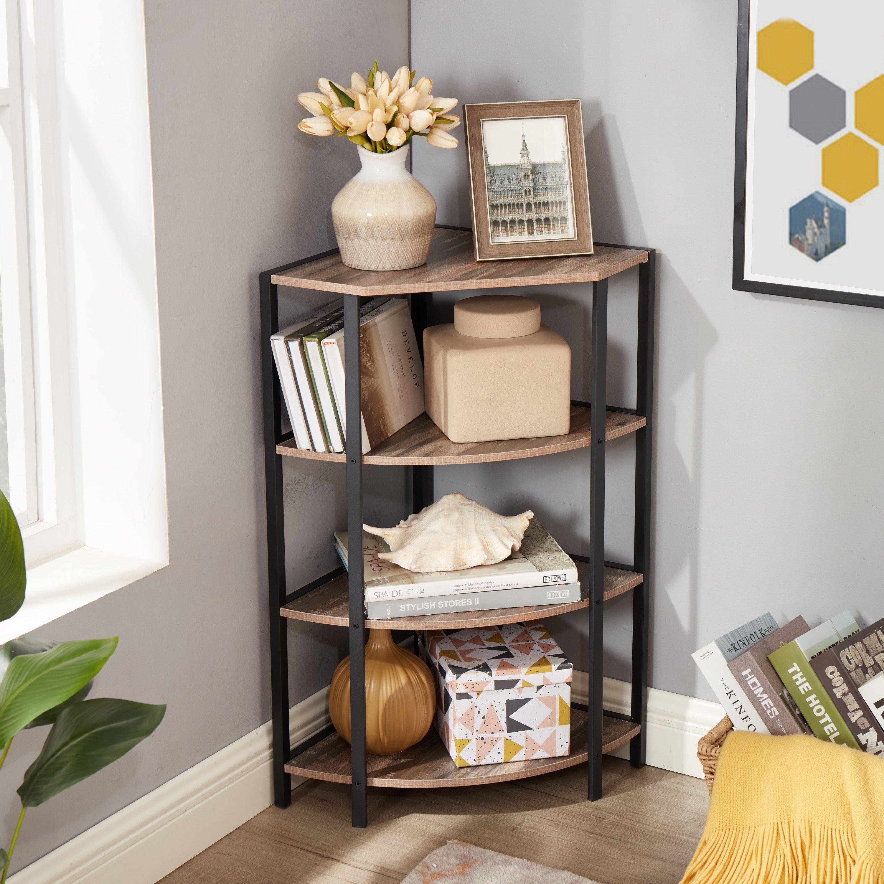 🆓🚛 4-Tier Corner Open Shelf, Bookcase Freestanding Shelving Unit, Plant Stand Small Bookshelf for Living Room, Home Office, Kitchen, Small Space