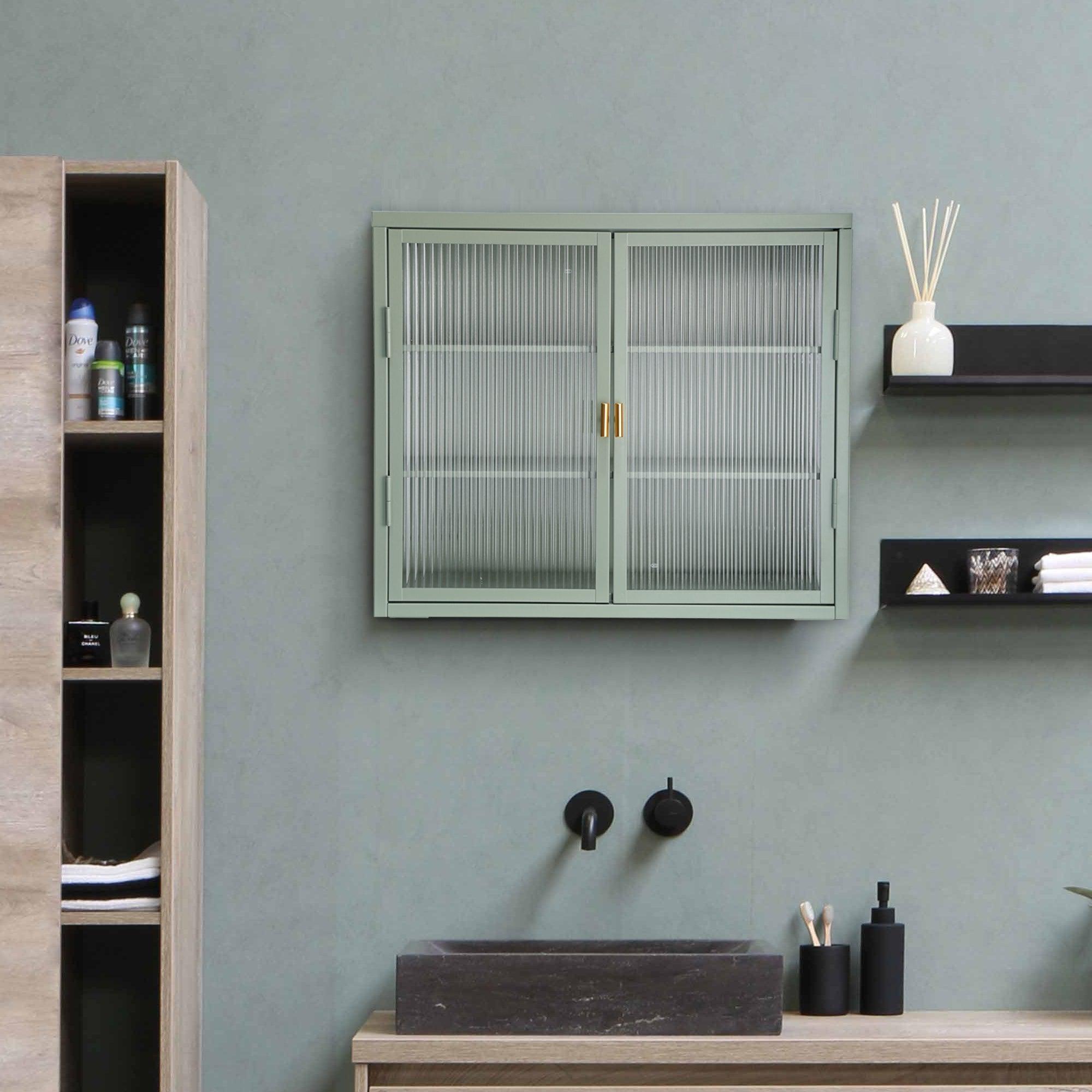 🆓🚛 Retro Style Haze Double Glass Door Wall Cabinet With Detachable Shelves for Office, Dining Room, Living Room, Kitchen & Bathroom, Mint Green