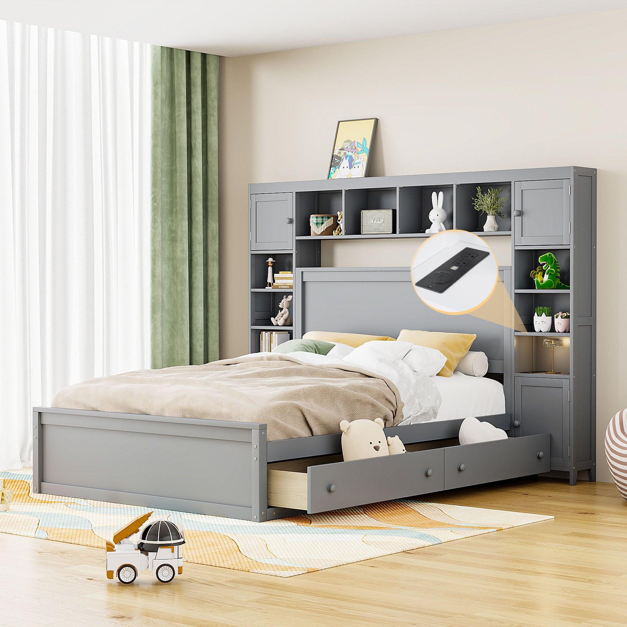 🆓🚛 Queen Size Wooden Bed With All-in-One Cabinet, Shelf and Sockets, Gray