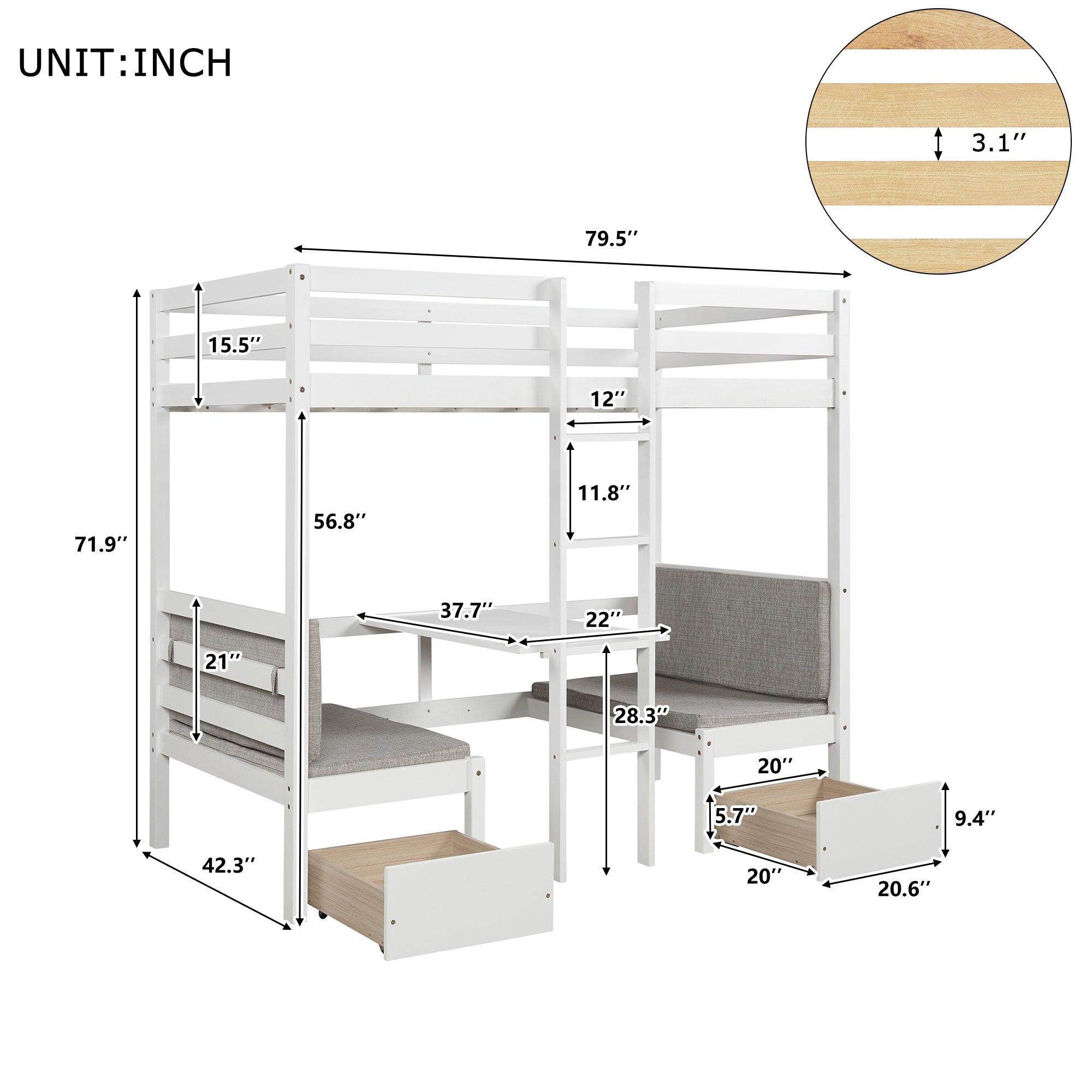 Functional Loft Bed (Turn Into Upper Bed And Down Desk, Cushion Sets Are Free), Twin Size, White