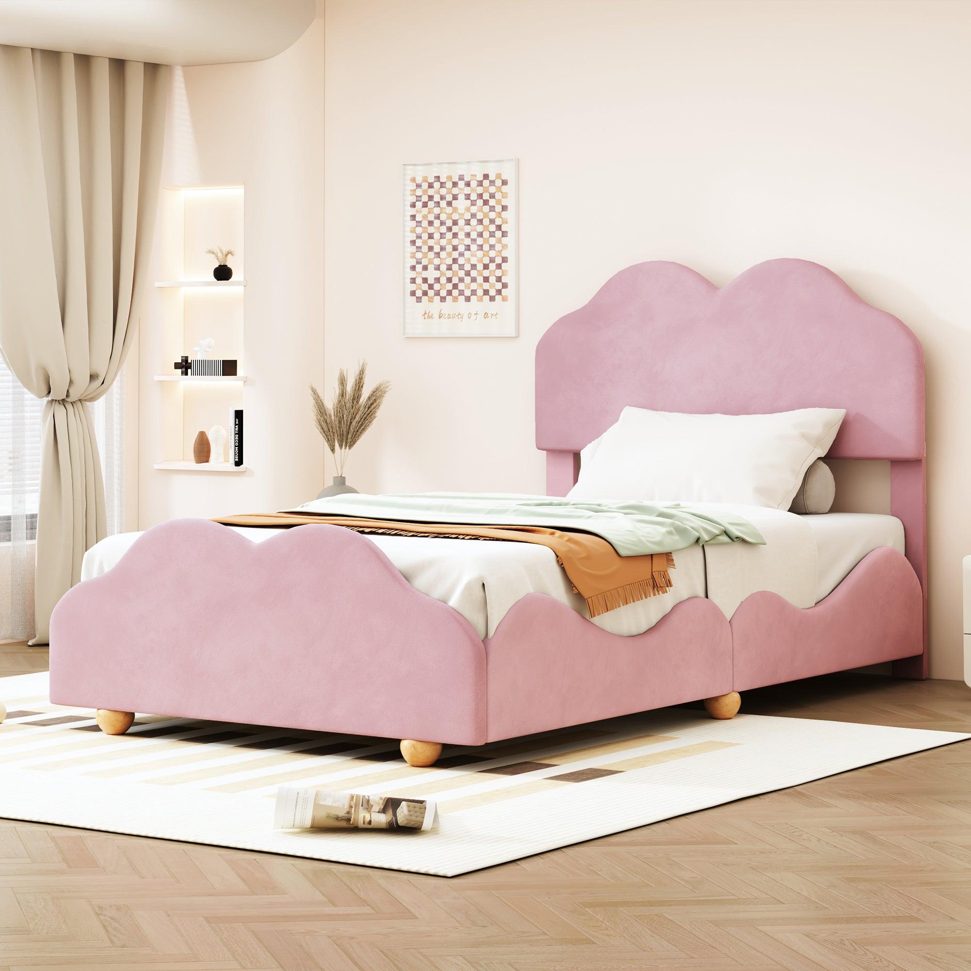 🆓🚛 Twin Size Upholstered Platform Bed With Cloud Shaped Bed Board, Light Pink