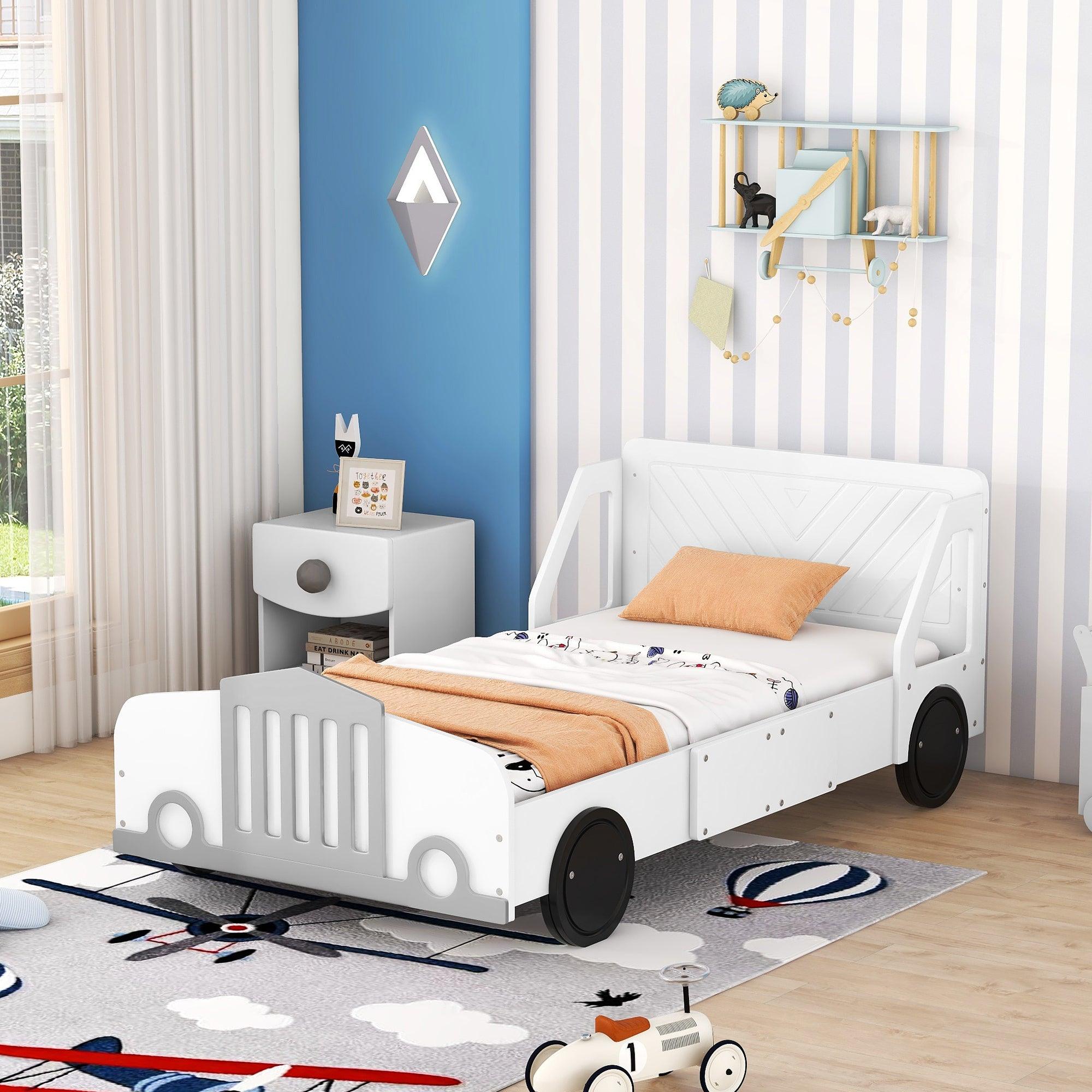 🆓🚛 Twin Size Car-Shaped Platform Bed With Wheels, White