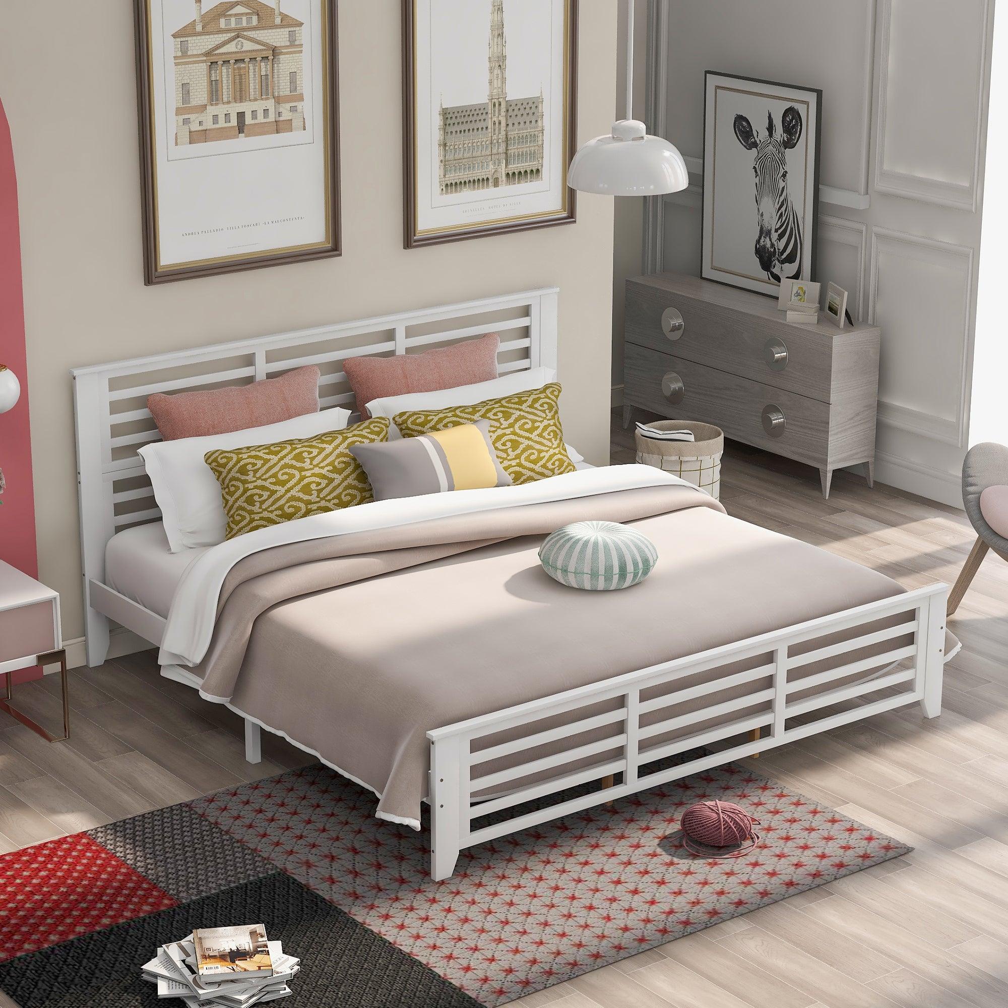 🆓🚛 Platform Bed With Horizontal Strip Hollow Shape, King Size, White