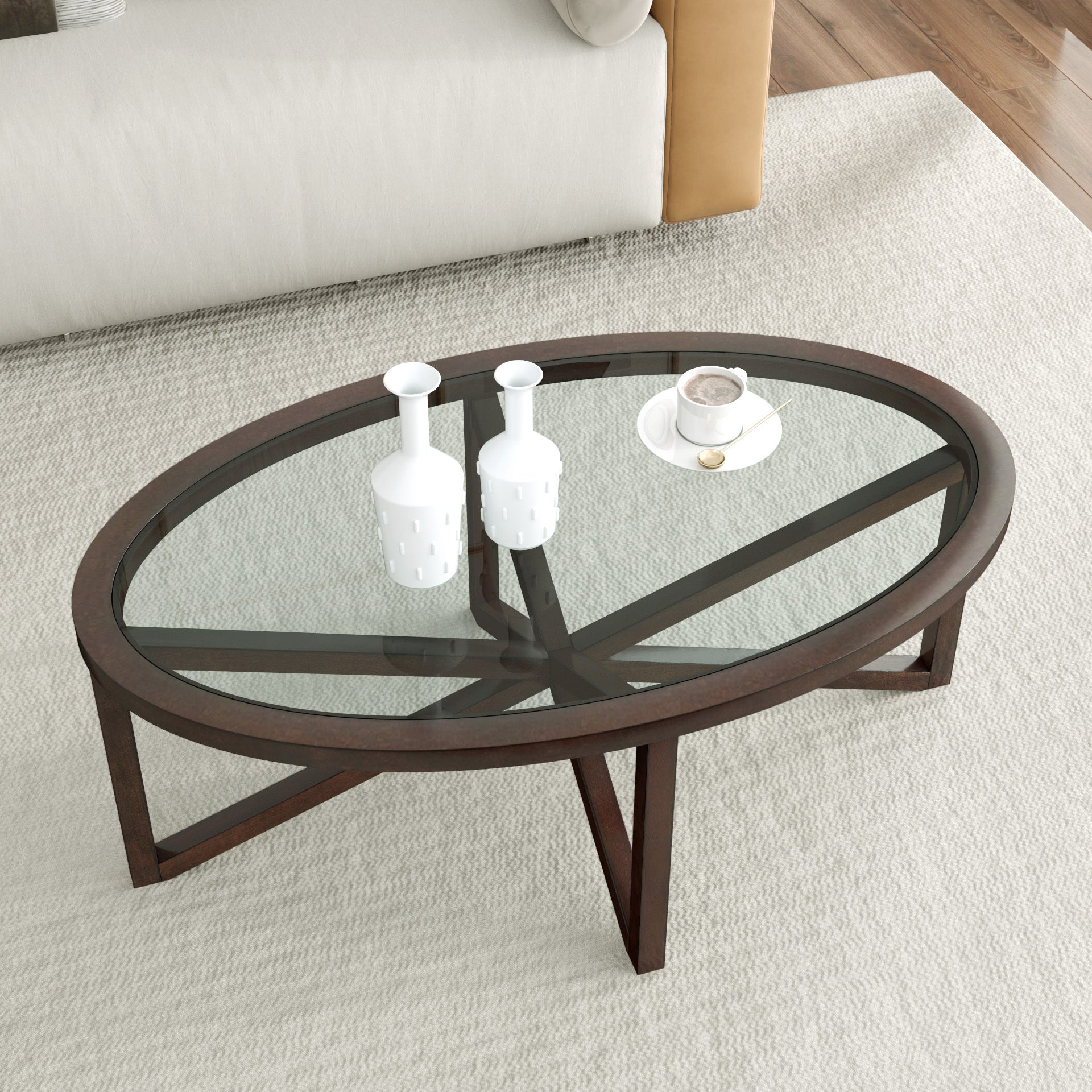 🆓🚛 Modern Simple Glass Coffee Table, Tempered Glass Coffee Table Solid Wood Base Round Transparent Glass Top Modern Living Room Terrace Study Coffee Table