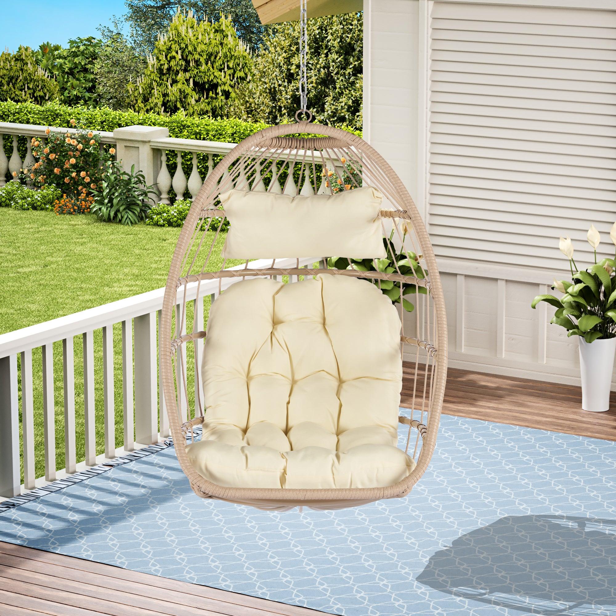 🆓🚛 Outdoor Garden Rattan Egg Swing Chair Hanging Chair, Khaki