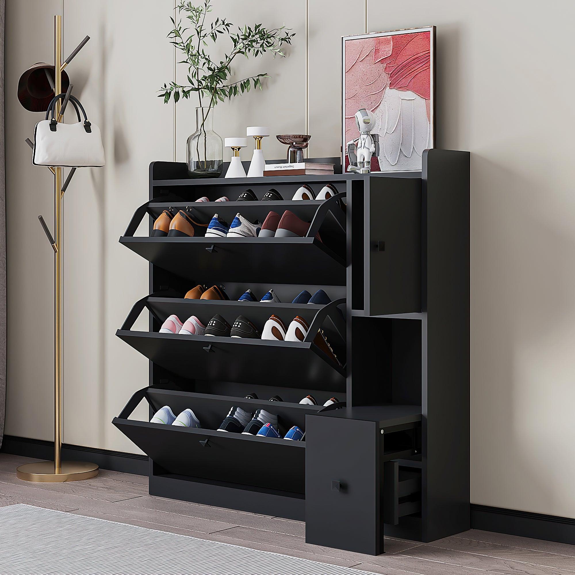 Versatile Shoe Cabinet With 3 Flip Drawers, Maximum Storage Entryway Organizer With Drawer, Free Standing Shoe Rack With Pull-Down Seat for Hallway, Black