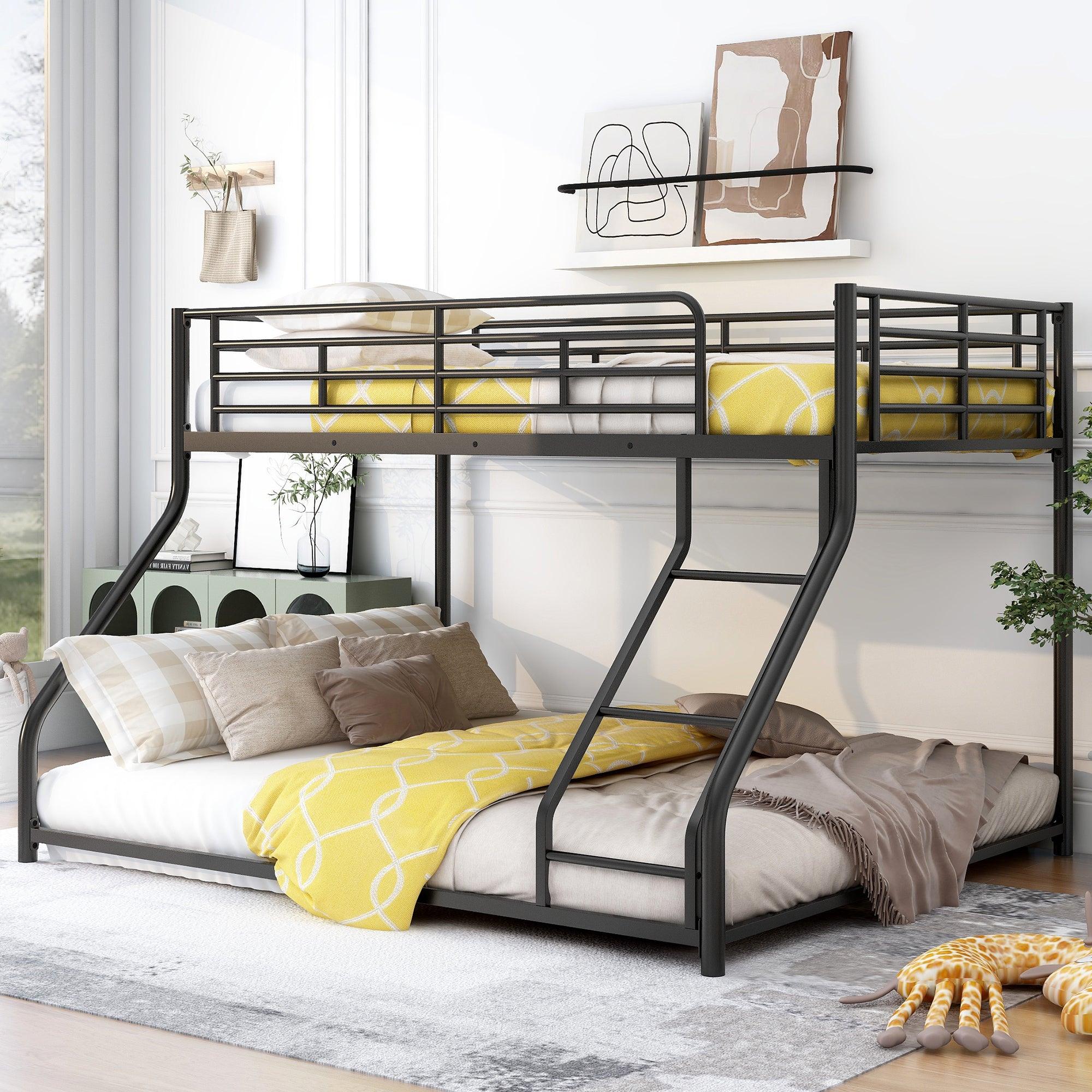 🆓🚛 Metal Floor Bunk Bed, Twin Xl Over Queen, Black