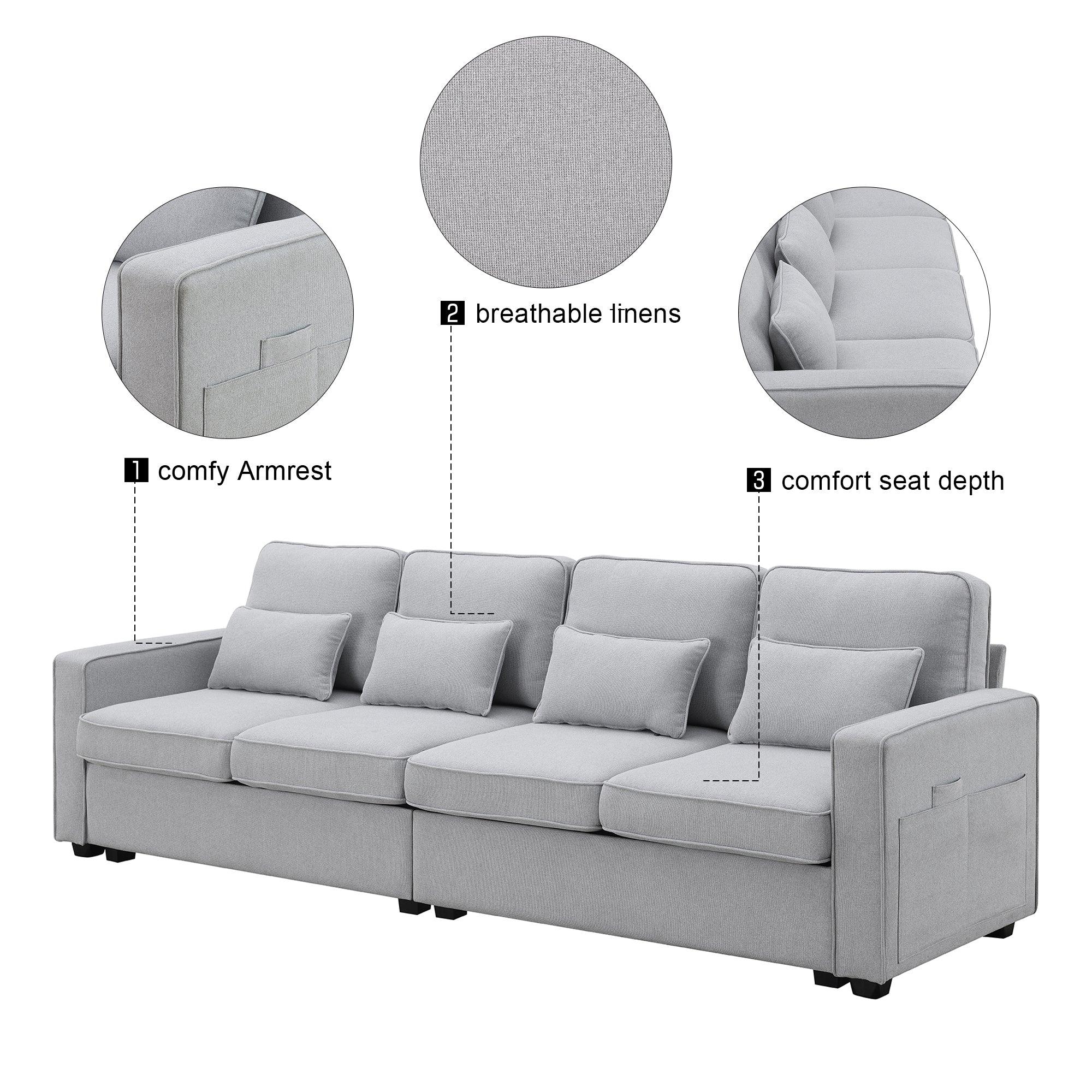 🆓🚛 Lexpin 104" 4-Seater Modern Linen Fabric Sofa With Armrest Pockets & 4 Pillows - Light Gray