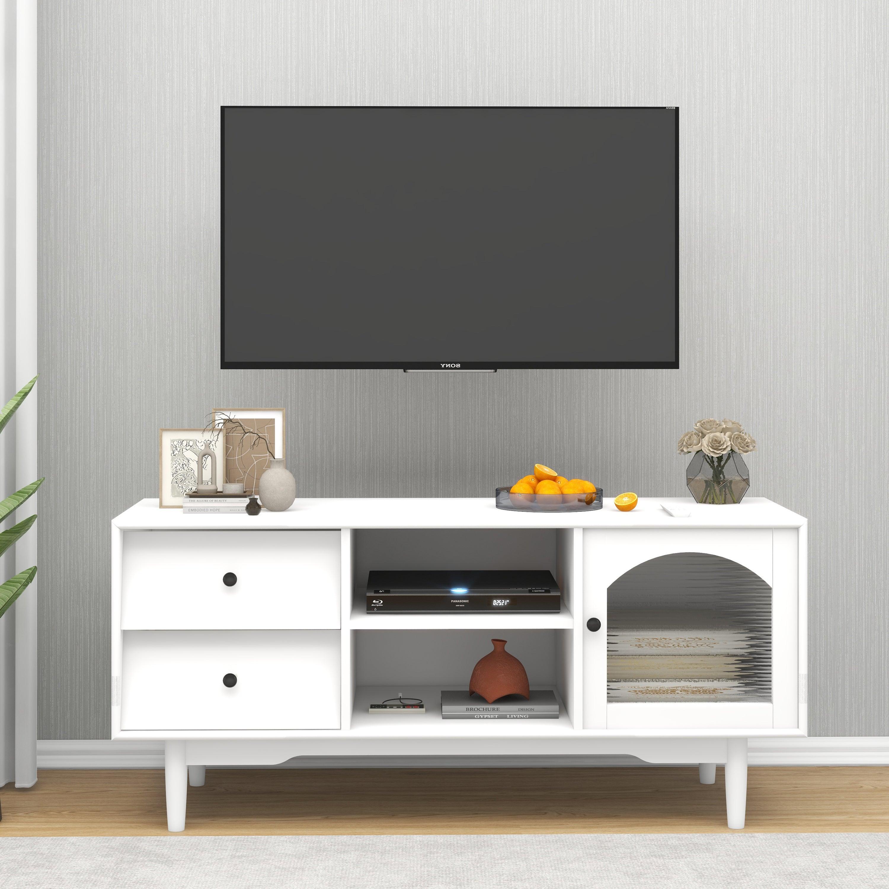 🆓🚛 Living Room White Tv Stand With Drawers & Open Shelves, a Cabinet With Glass Doors for Storage