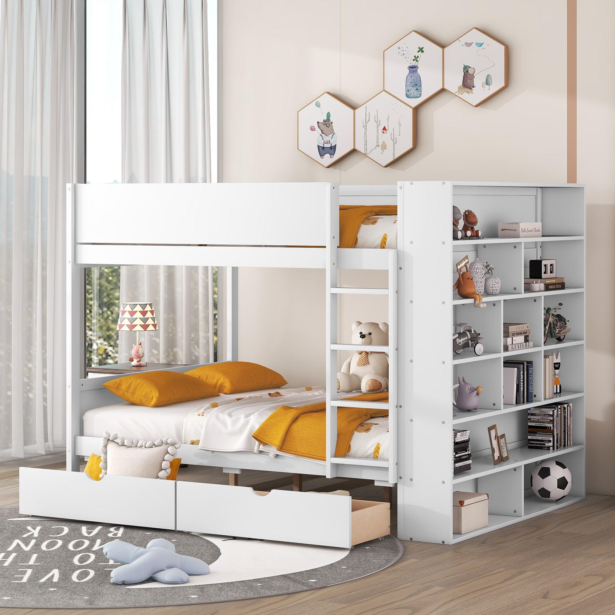 🆓🚛 Full Over Full Bunk Bed With 2 Drawers & Multi-Layer Cabinet, White