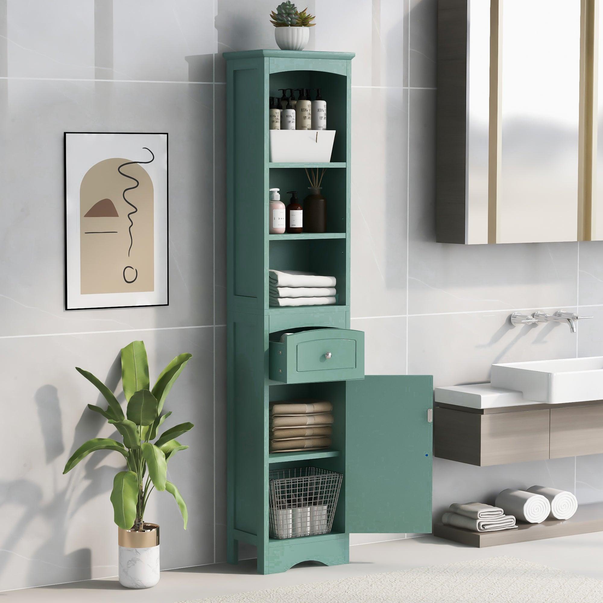 🆓🚛 Tall Bathroom Cabinet, Freestanding Storage Cabinet With Drawer, Adjustable Shelf, Green