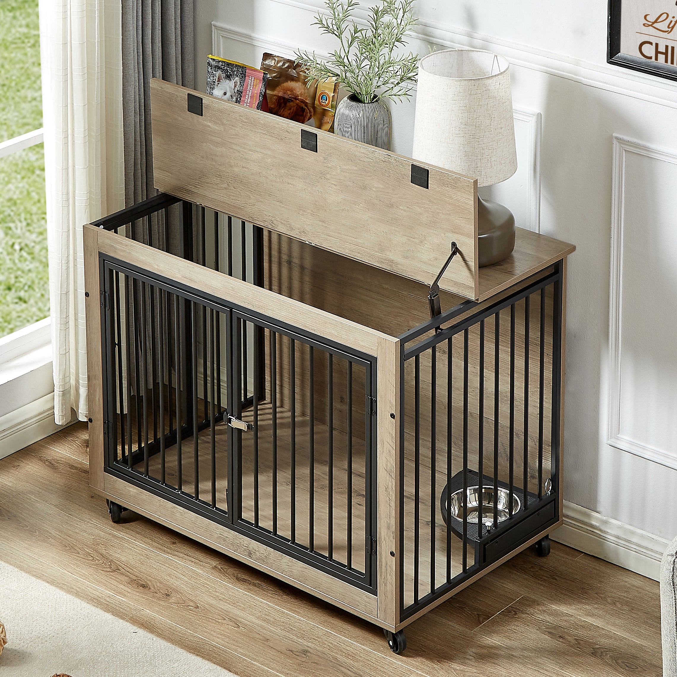 🆓🚛 Furniture Style Dog Crate Side Table With Rotatable Feeding Bowl, Wheels, Three Doors, Flip-Up Top Opening Indoor, Gray, 38.58"W X 25.2"D X 27.17"H