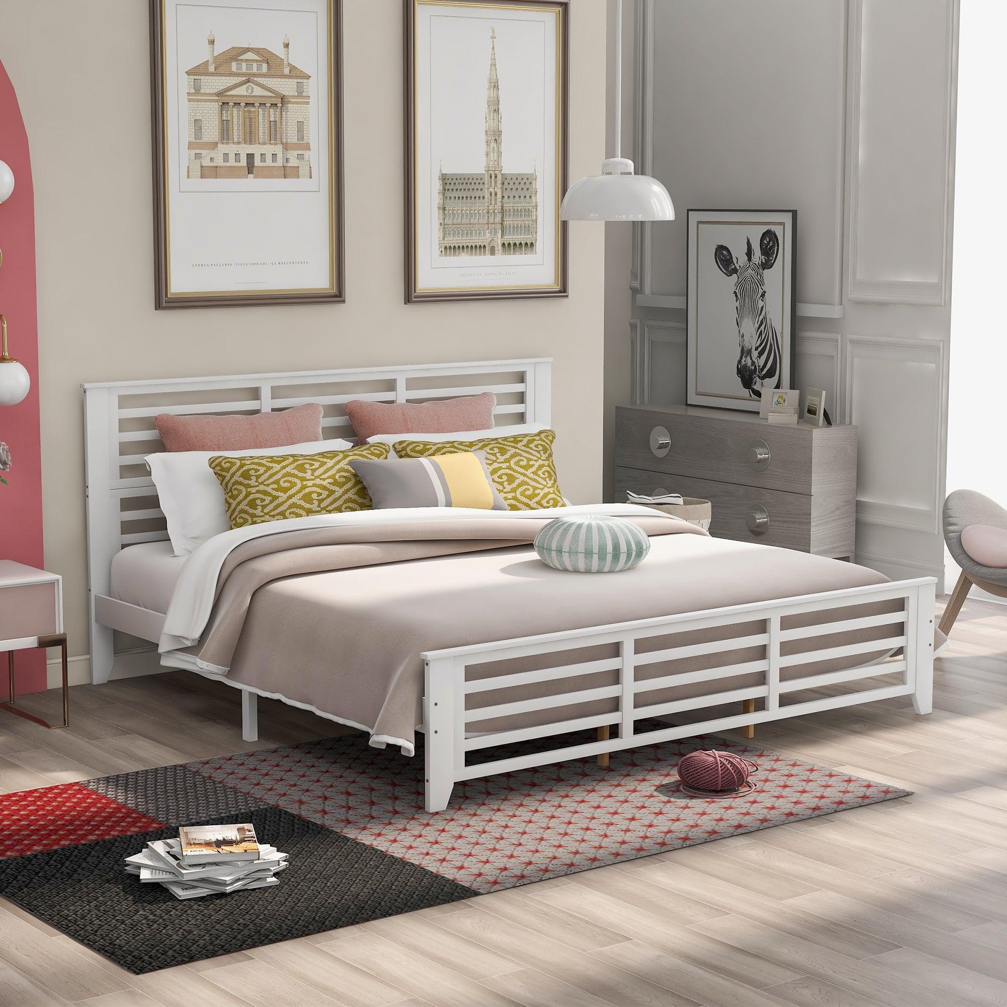 🆓🚛 Platform Bed With Horizontal Strip Hollow Shape, King Size, White