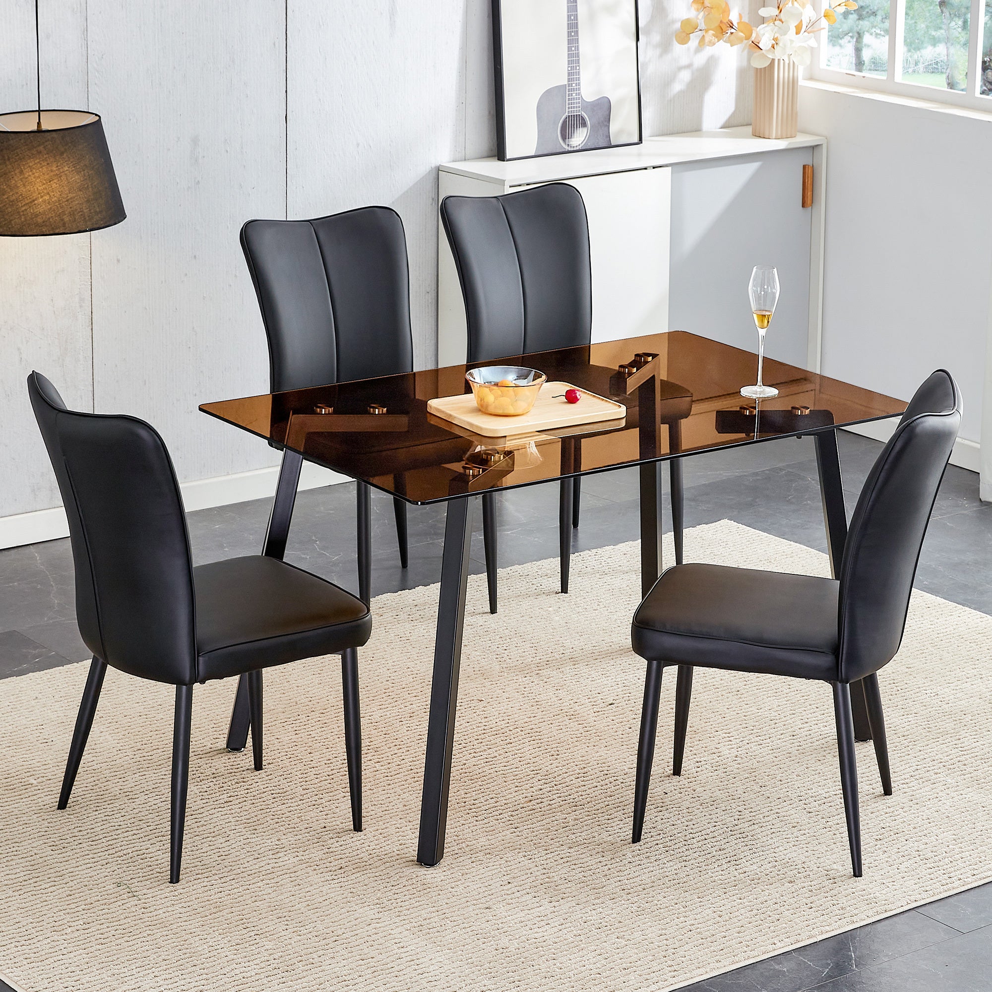 🆓🚛 One Table & 4 Black Pu Chairs Rectangular Tea Brown Glass Dining Table, Tempered Glass Tabletop and Black Metal Legs, Suitable for Kitchen & Dining Room