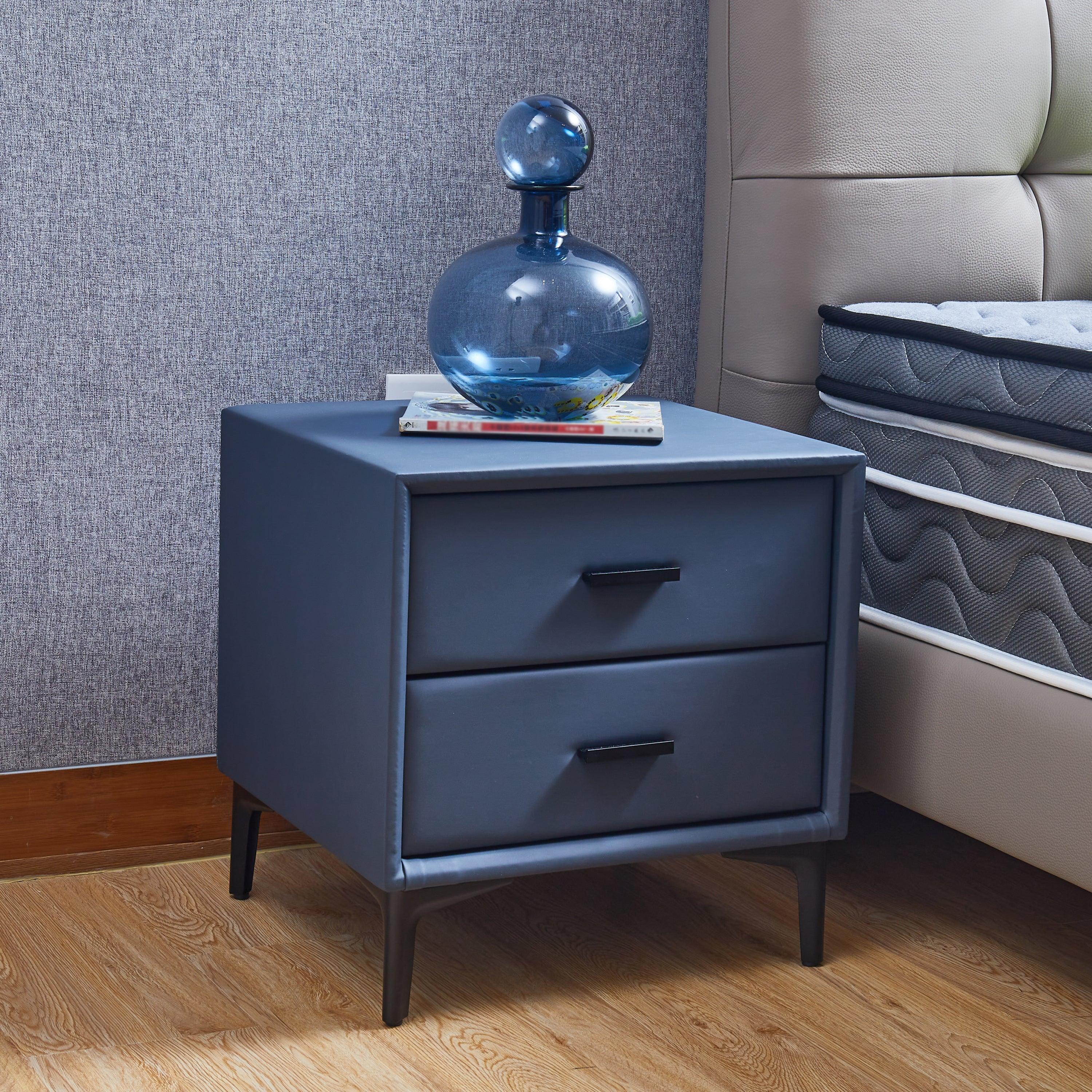 🆓🚛 Modern Nightstand With 2 Drawers, Night Stand With Pu Leather & Hardware Legs, for Bedroom, Blue & Gray