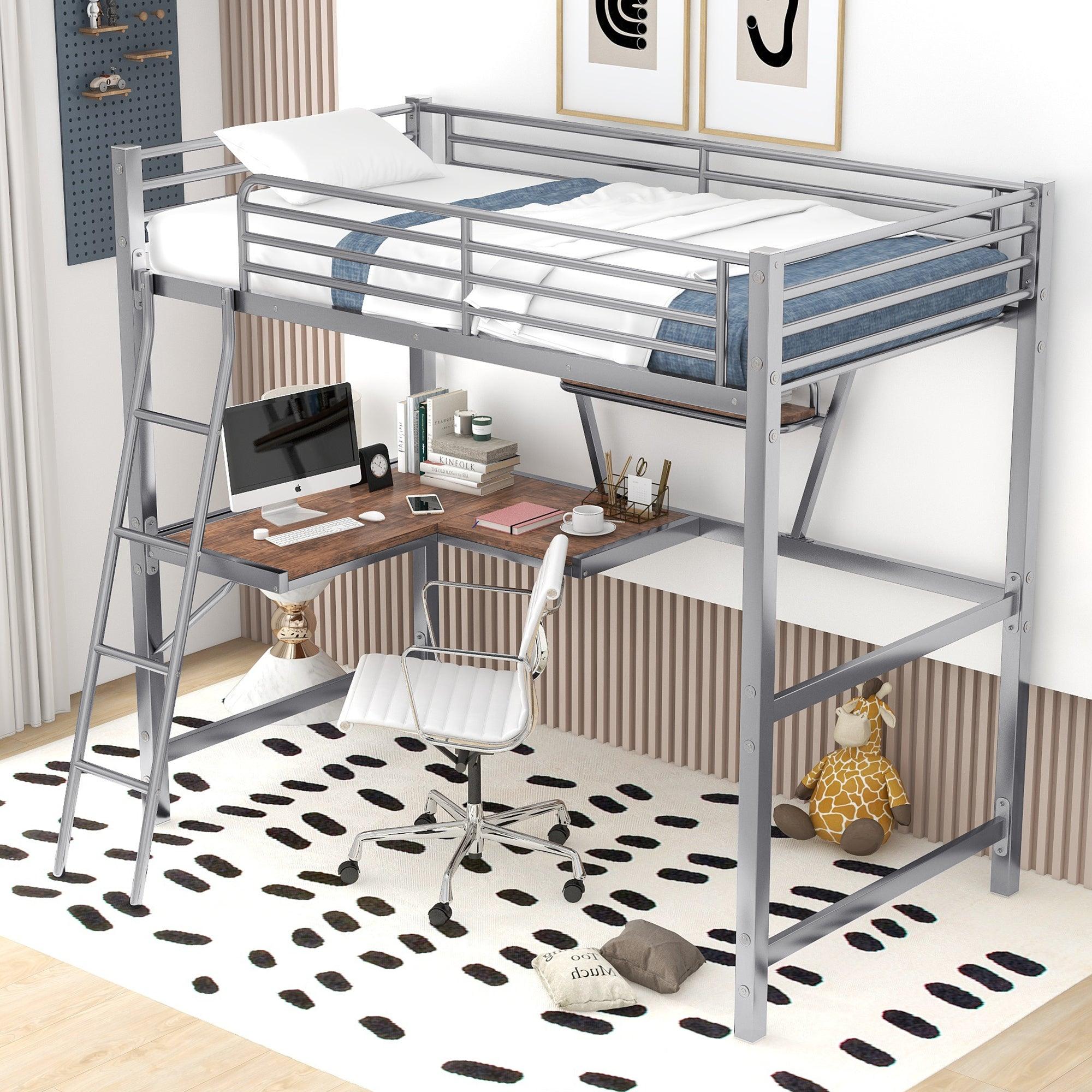 🆓🚛 Twin Size Loft Metal & Mdf Bed With Desk & Shelf, Silver
