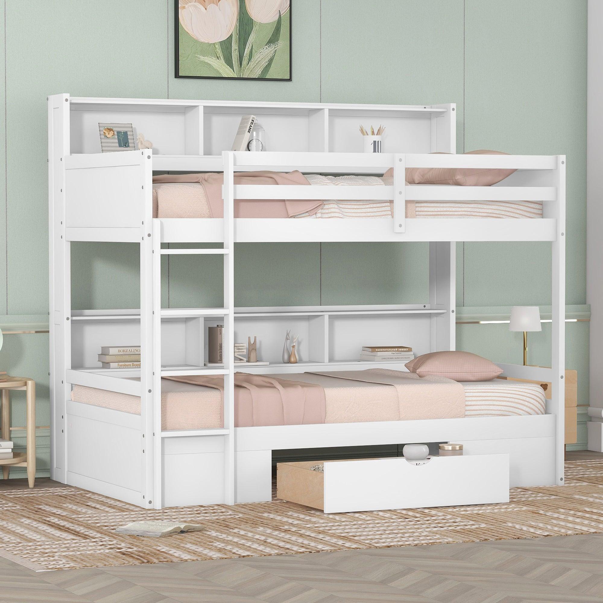 🆓🚛 Twin Size Bunk Bed With Built-in Shelves Beside Both Upper & Down Bed & Storage Drawer, White