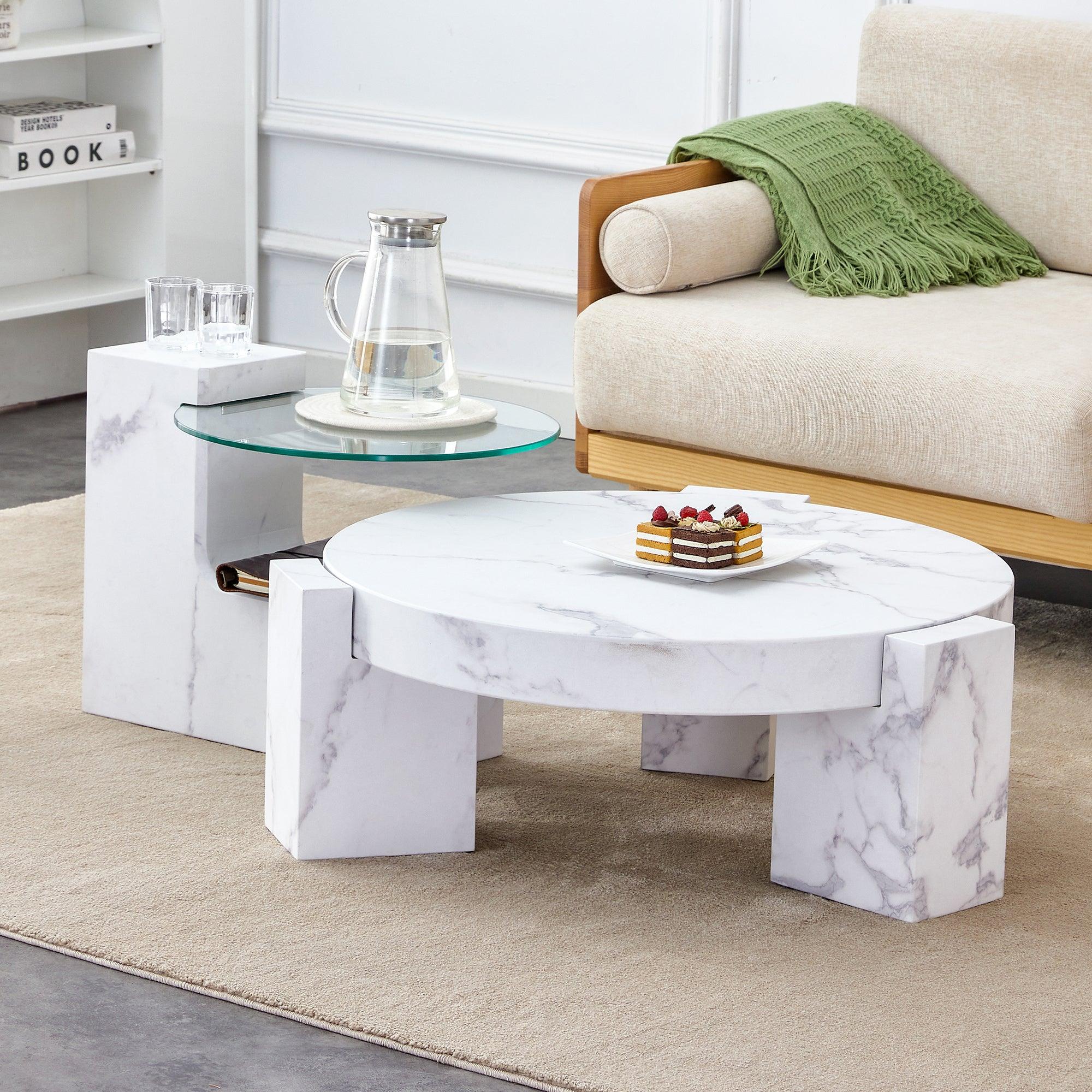 🆓🚛 a Modern, Fashionable, & Durable Marble Textured Mdf Coffee Table With a Side Table Match With Multiple Scenes Suitable for Living Room & Bedroom