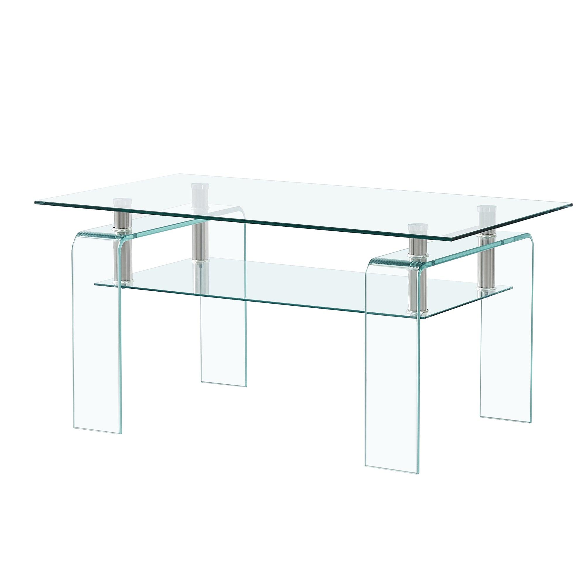 🆓🚛 Rectangle Clear Glass Coffee Table, Modern Glass Coffee Table for Living Room, 2-Tier Storage Center Coffee Table, Tempered Glass Tea Table