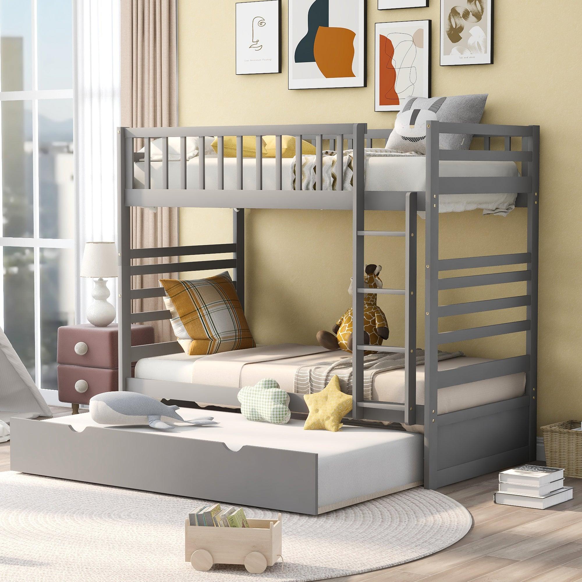 🆓🚛 Twin Bunk Beds for Kids With Safety Rail & Movable Trundle Bed, Gray