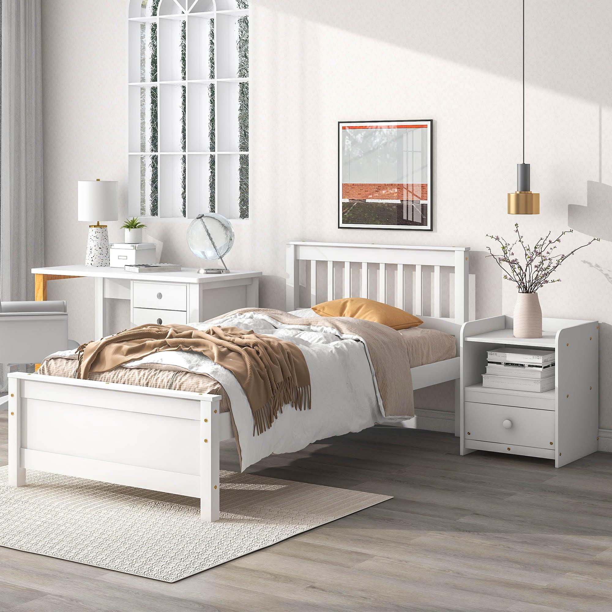 🆓🚛 Twin Bed With Headboard & Footboard for Kids, Teens & Adults With a Nightstand, White