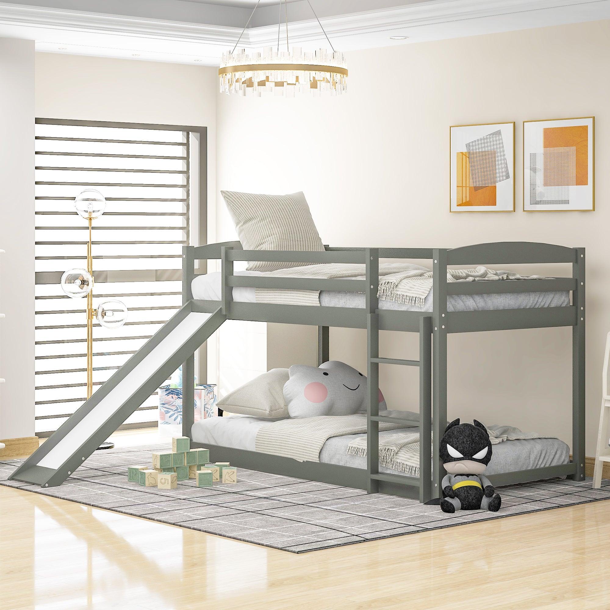 🆓🚛 Twin Over Twin Bunk Bed With Convertible Slide & Ladder, Gray