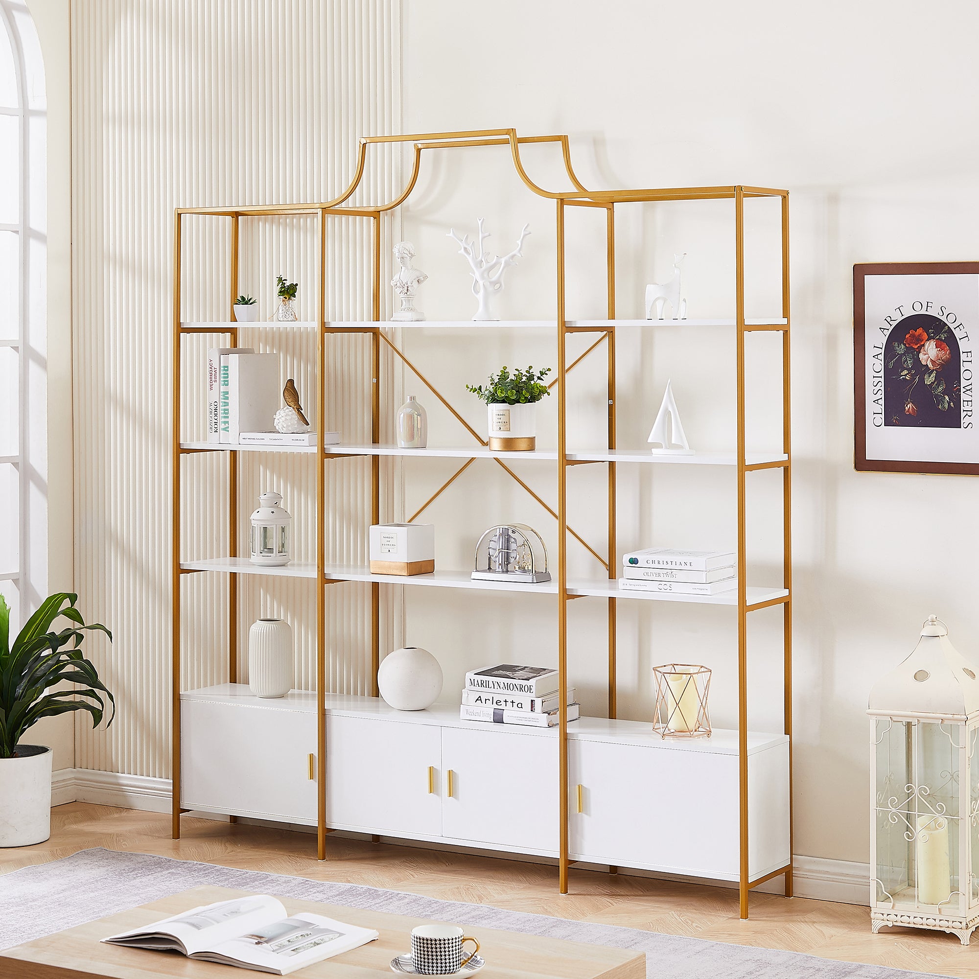 🆓🚛 78" 4 Tiers Home Office Bookcase Bookshelf, Storage Cabinet Display Shelf, X Bar Gold Frame