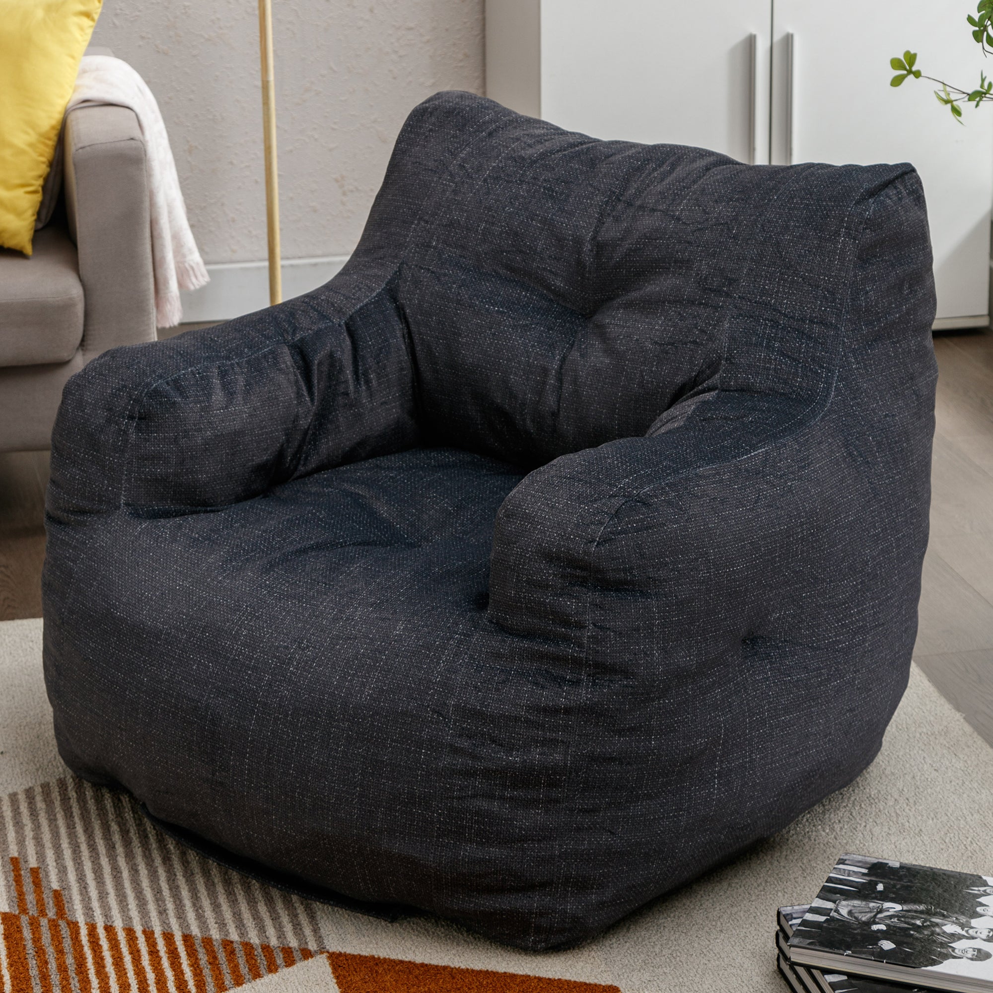 🆓🚛 Soft Cotton Linen Fabric Bean Bag Chair Filled With Memory Sponge, Dark Gray