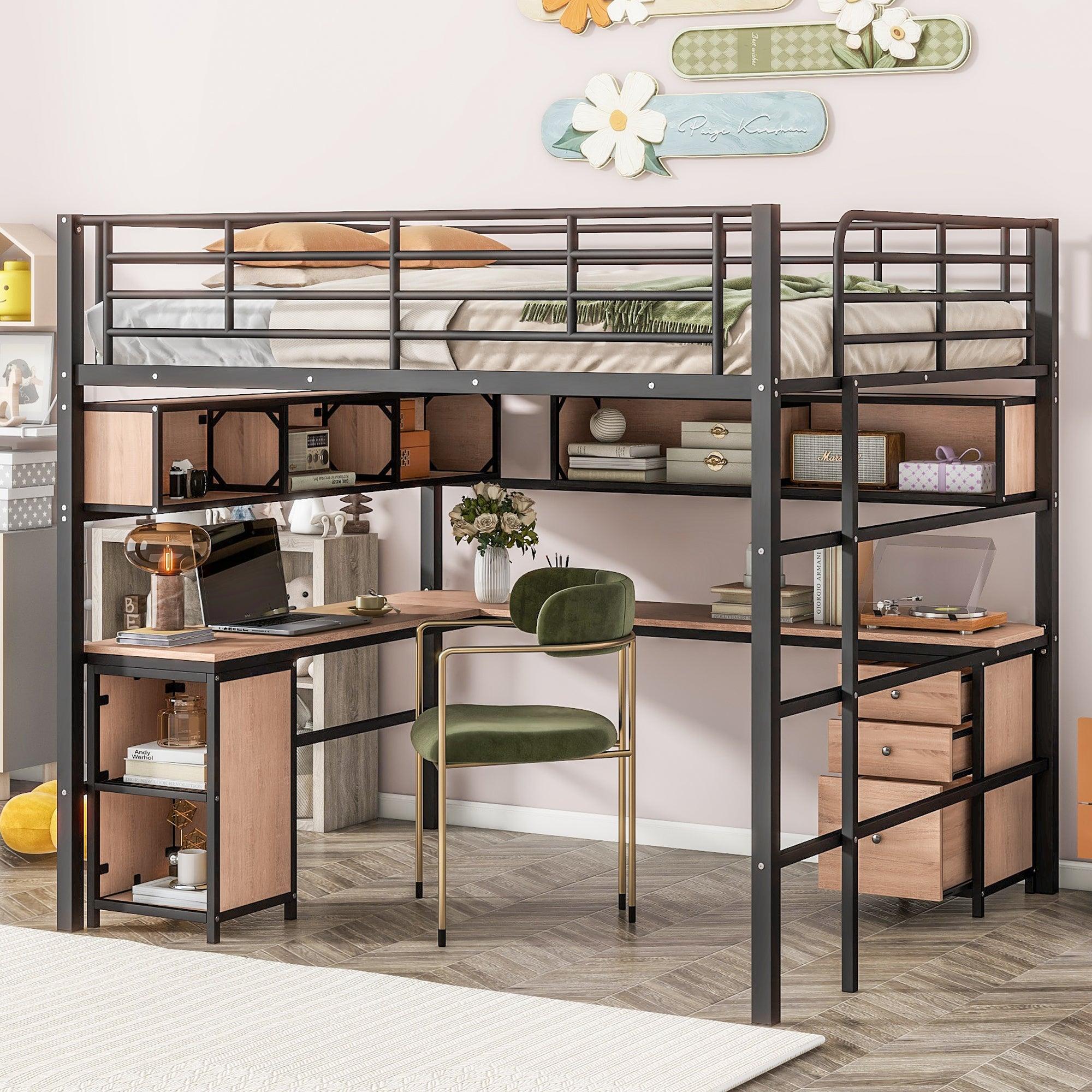 🆓🚛 Metal Loft Bed With Bookcase, Desk & Cabinet, Full, Black