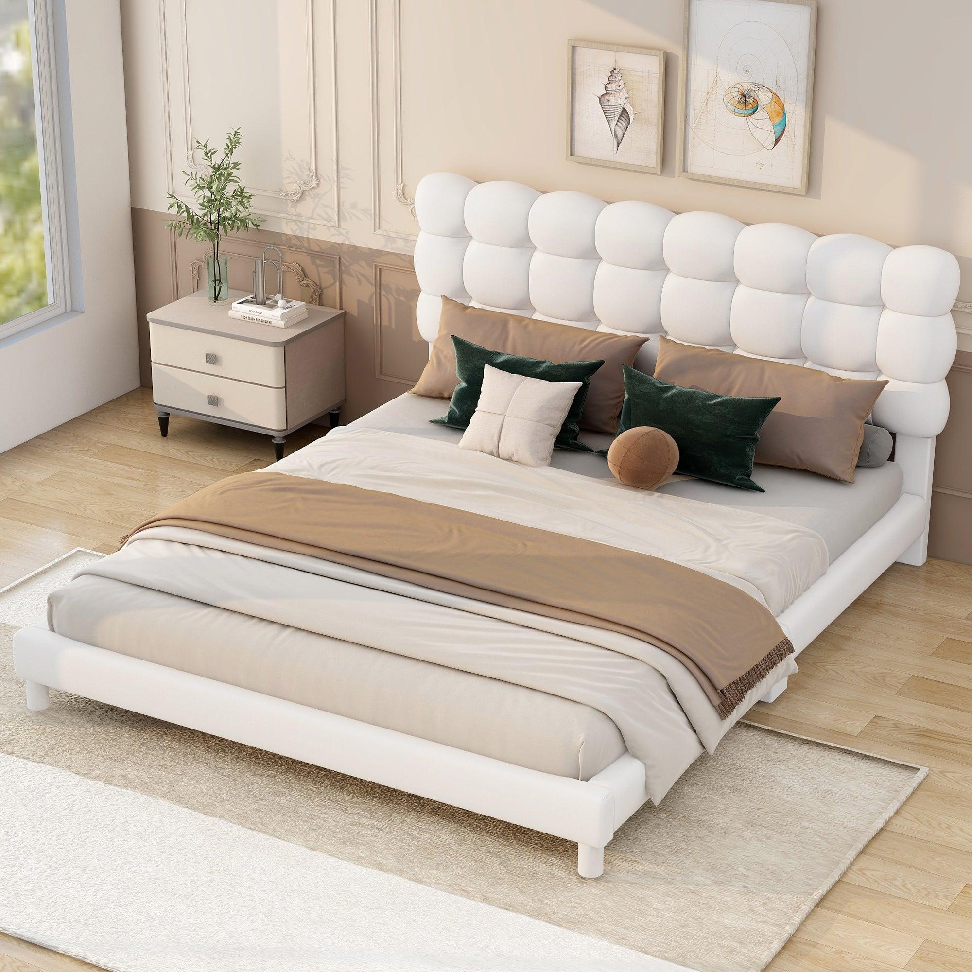 🆓🚛 Full Size Upholstered Platform Bed With Soft Headboard, White