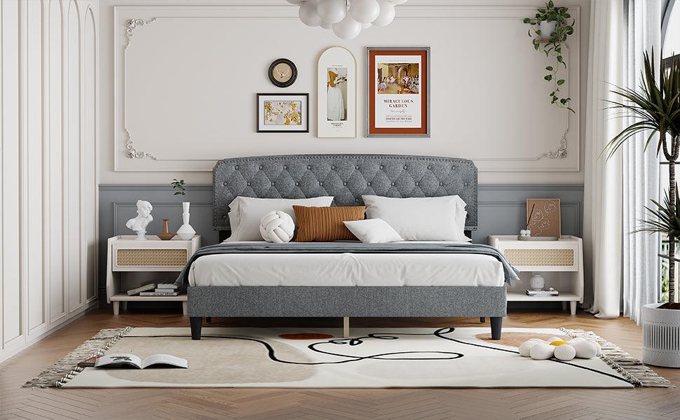 🆓🚛 King Size Adjustable Headboard With Fine Linen Upholstery & Button Tufting for Bedroom, Wave Top Light Gray