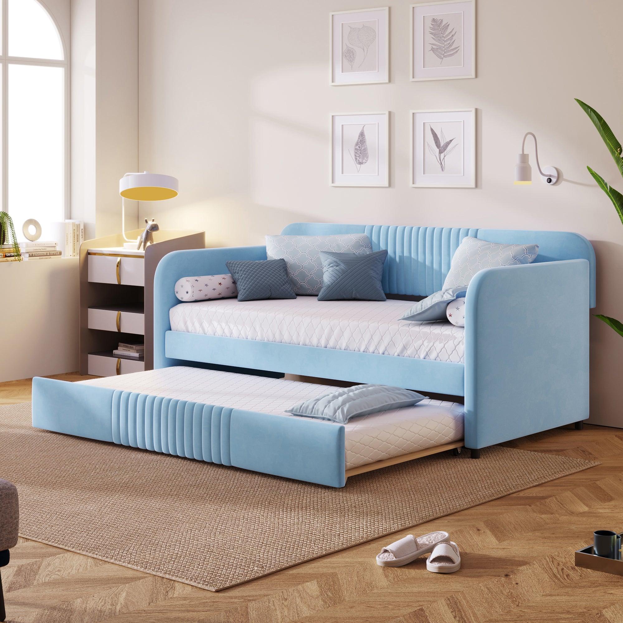 🆓🚛 Upholstered Daybed Sofa Bed Twin Size With Trundle Bed & Wood Slat, Light Blue