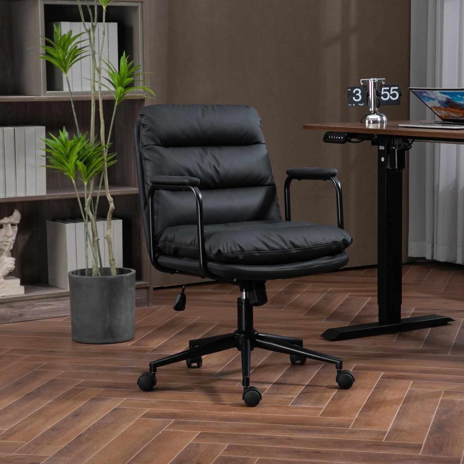 🆓🚛 Office Chair, Mid Back Home Office Desk Task Chair With Wheels & Arms Ergonomic Pu Leather Computer Rolling Swivel Chair With Padded Armrest, The Back Of The Chair Can Recline 40° (Black)