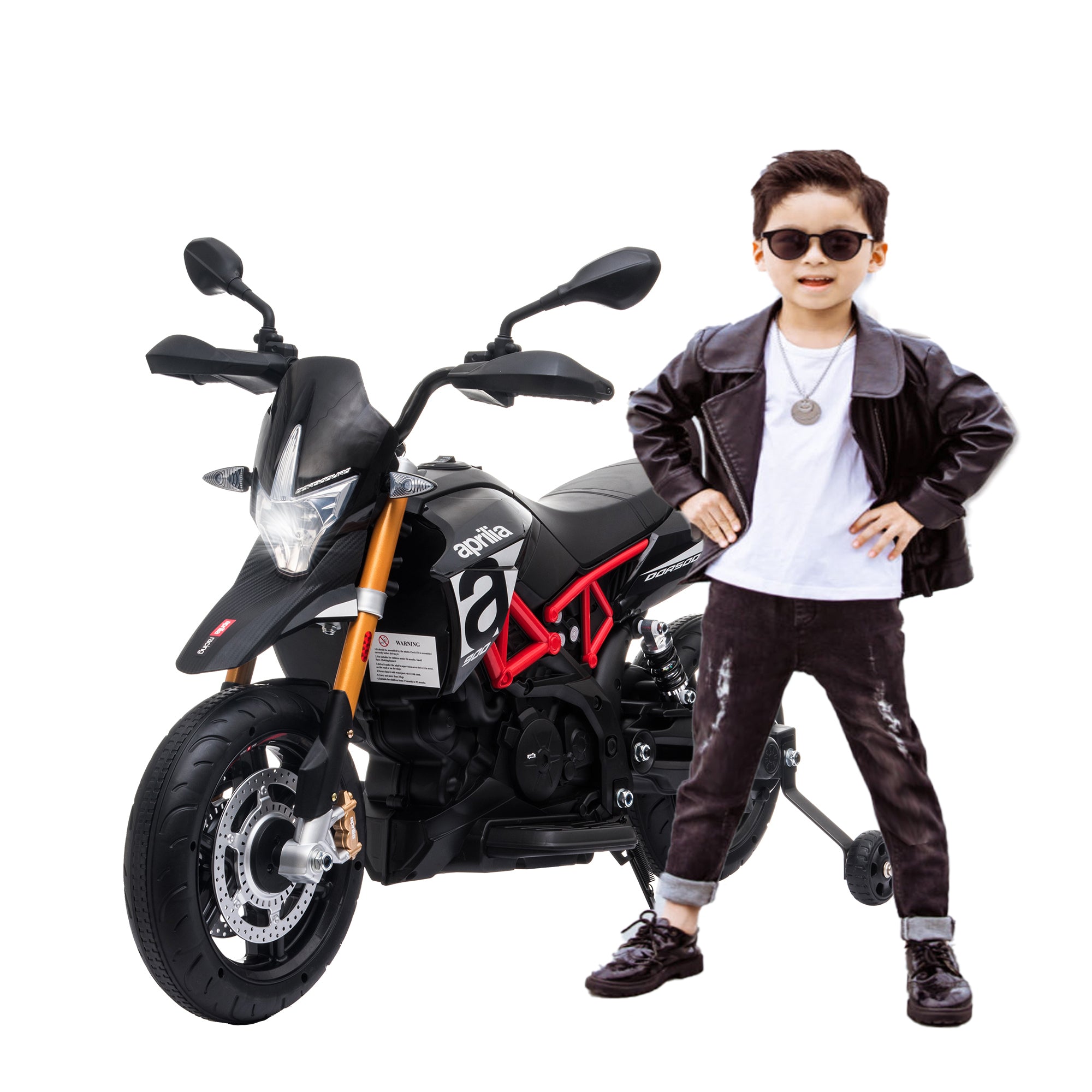 🆓🚛 Licensed Aprilia Electric Motorcycle, 12V Kids Motorcycle, Ride On Toy W/Training Wheels, Spring Suspension, Led Lights, Sounds & Music, Mp3, Battery Powered Dirt Bike for Boys & Girls, Black