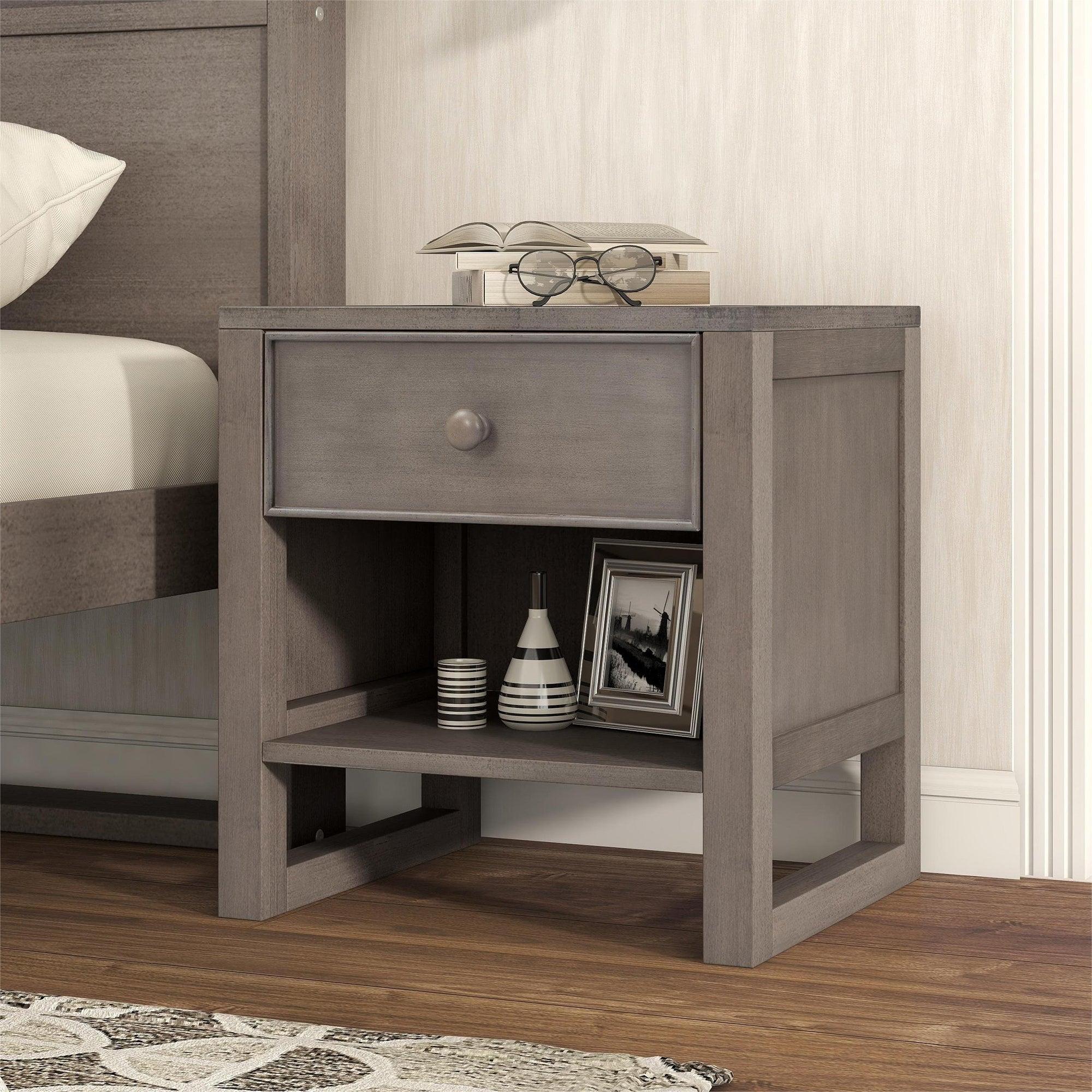 🆓🚛 Wooden Nightstand With a Drawer & An Open Storage, End Table for Bedroom, Anitque Gray