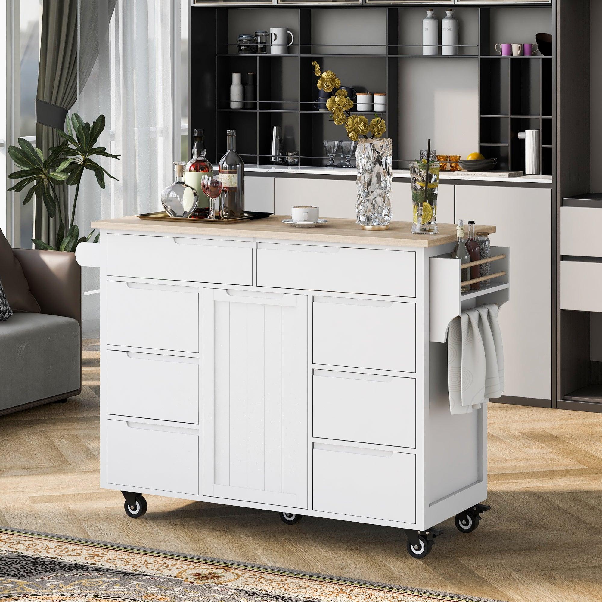 🆓🚛 Kitchen Island With Rubber Wood Countertop, 8 Handle-Free Drawers, Including a Flatware Organizer & 5 Wheels, White