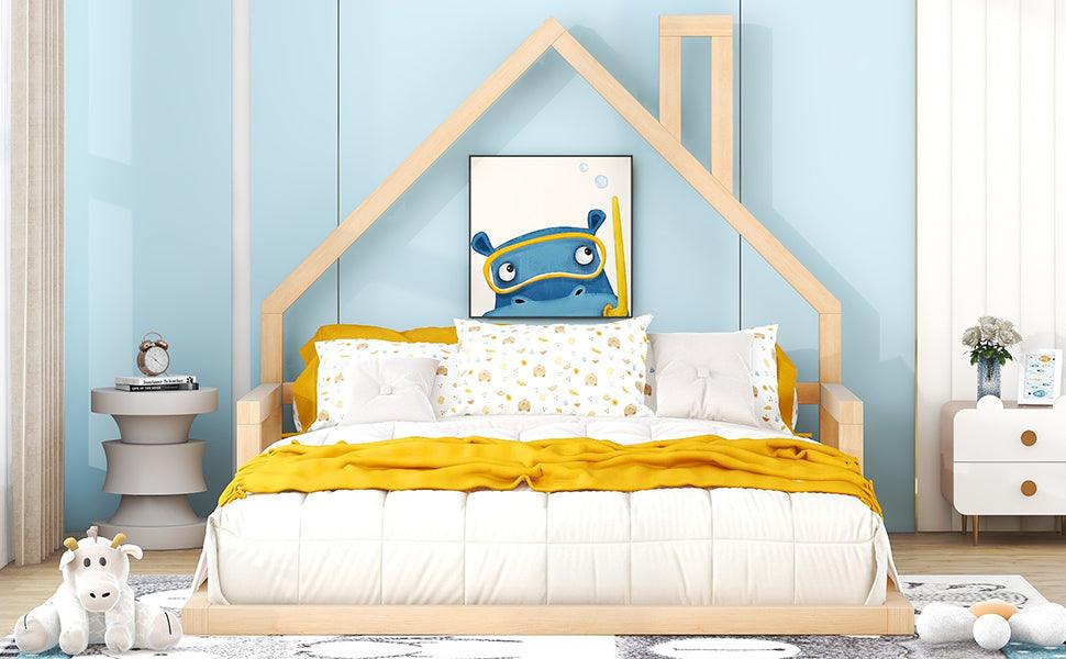 Full Size Wood Floor Bed With House-Shaped Headboard, Natural