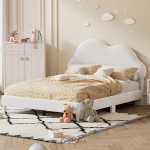 Full size Upholstered Cloud-Shape Bed , Velvet Platform Bed with Headboard, No Box-spring Needed, Beige