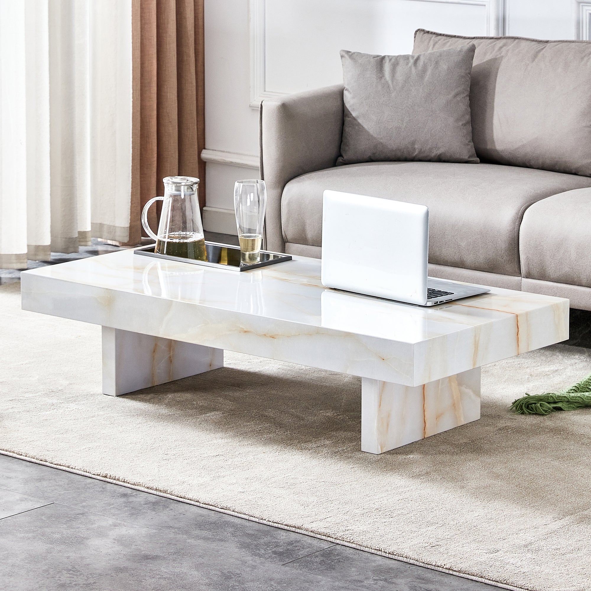 🆓🚛 Modern & Practical Coffee Table With Imitation Marble Patterns, Made of MDF Material 47.2"X 23.6"X 12", White