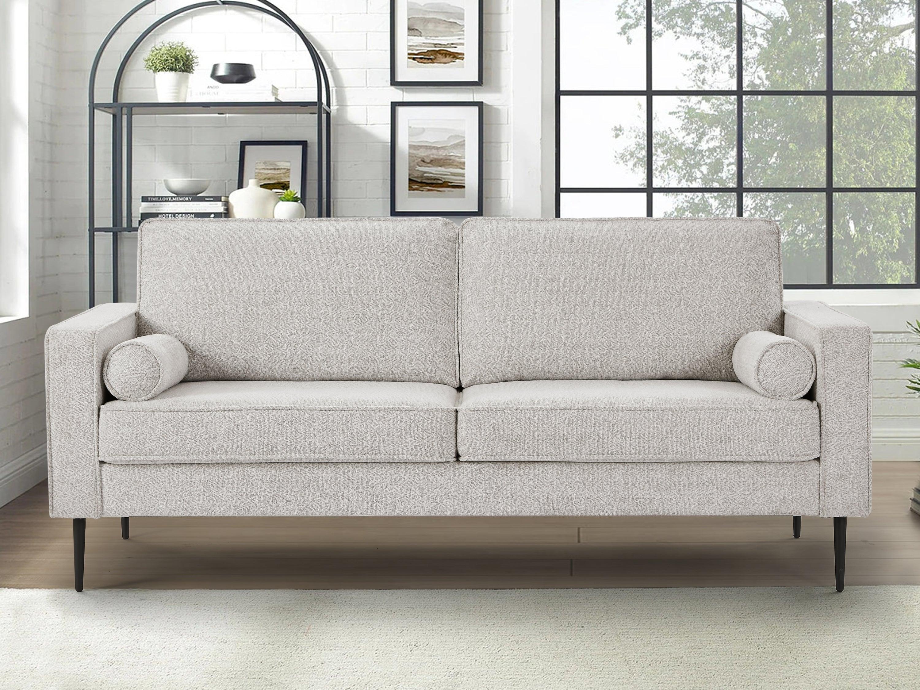 🆓🚛 Living Room Upholstered Sofa With High-Tech Fabric Surface/ Chesterfield Tufted Fabric Sofa Couch, White.