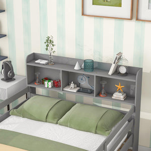 Full Over Full Bunk Beds With Bookcase Headboard, Safety Rail And Ladder, Kids/Teens Bedroom, Grey