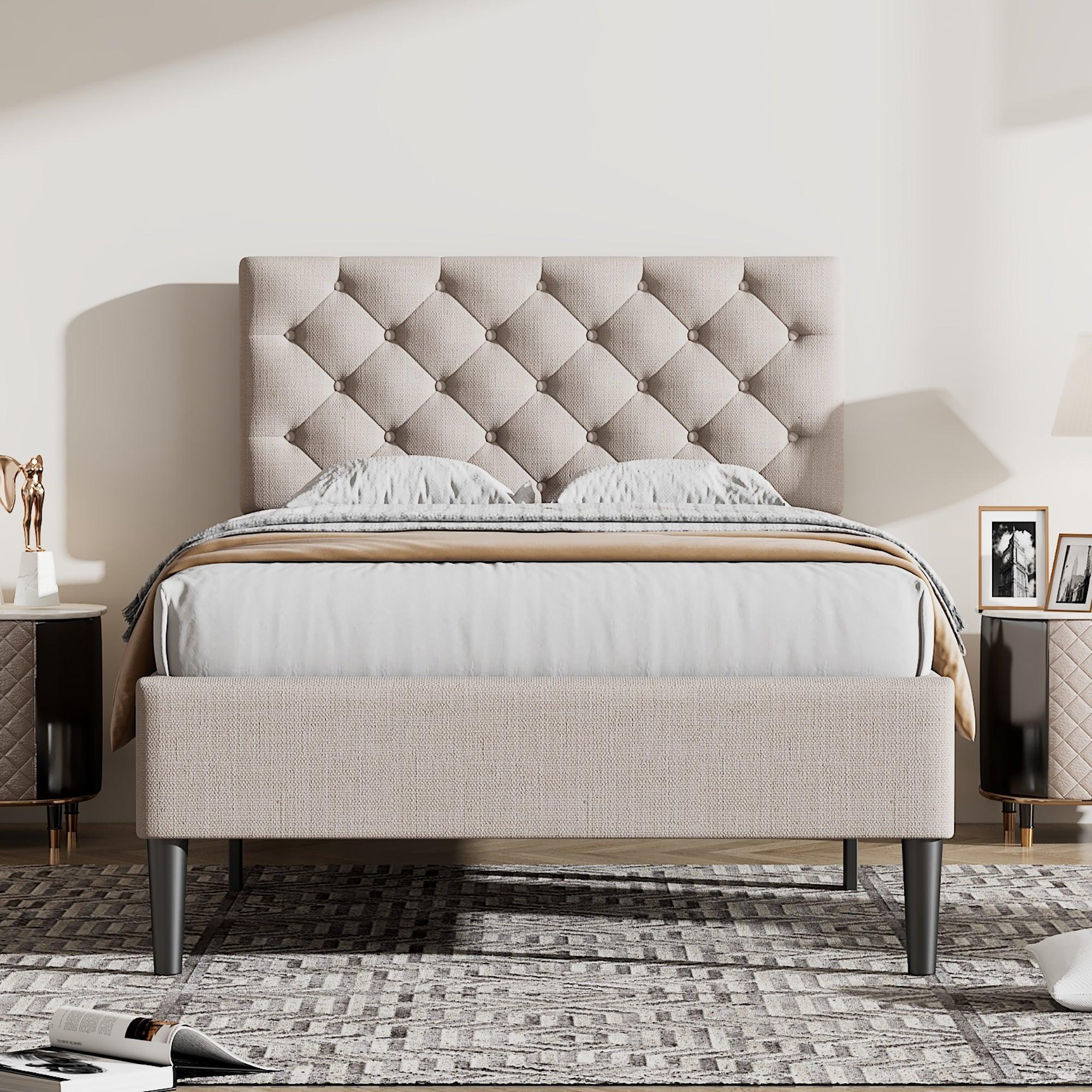 🆓🚛 Upholstered Linen Platform Bed, Twin Size, Beige